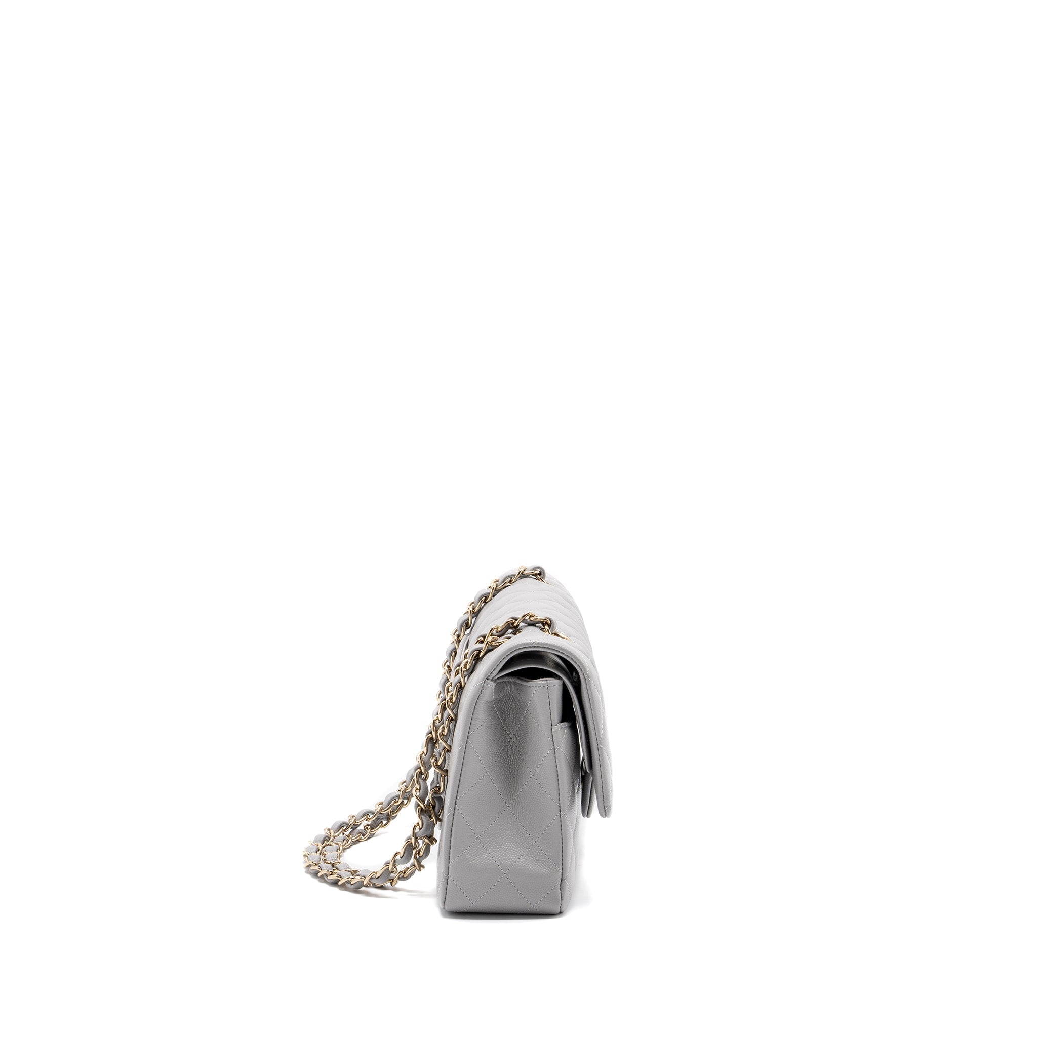 CHANEL CLASSIC MEDIUM DOUBLE FLAP BAG CAVIAR LIGHT GREY LGHW (MICROCHIP)