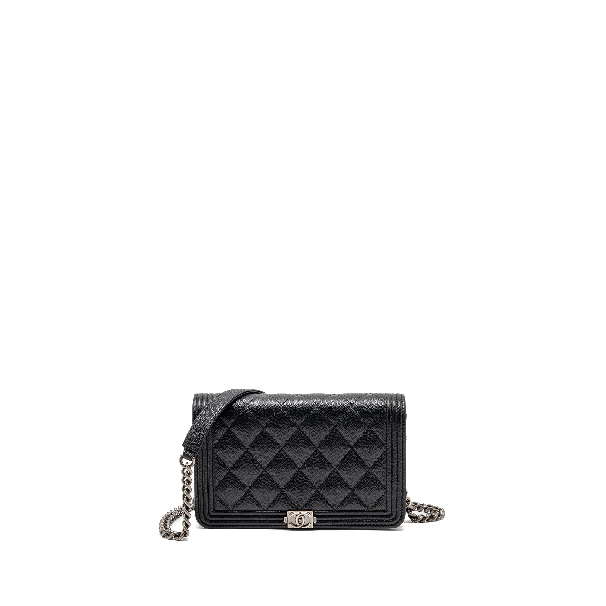CHANEL BOY WALLET ON CHAIN CAVIAR BLACK RUTHENIUM SHW (MICROCHIP)