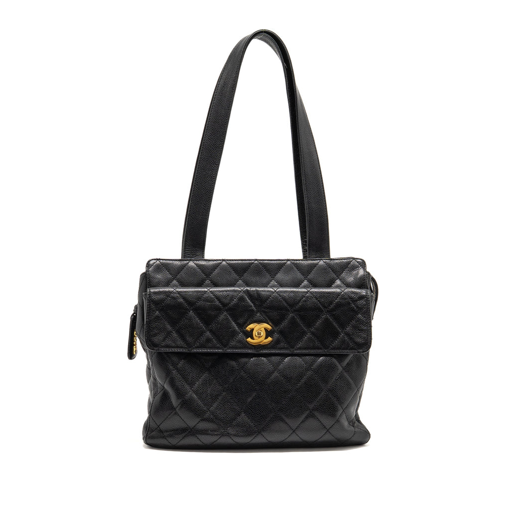 CHANEL QUILTEDE ZIP SHOULDER BAG CAVIAR BLACK GHW
