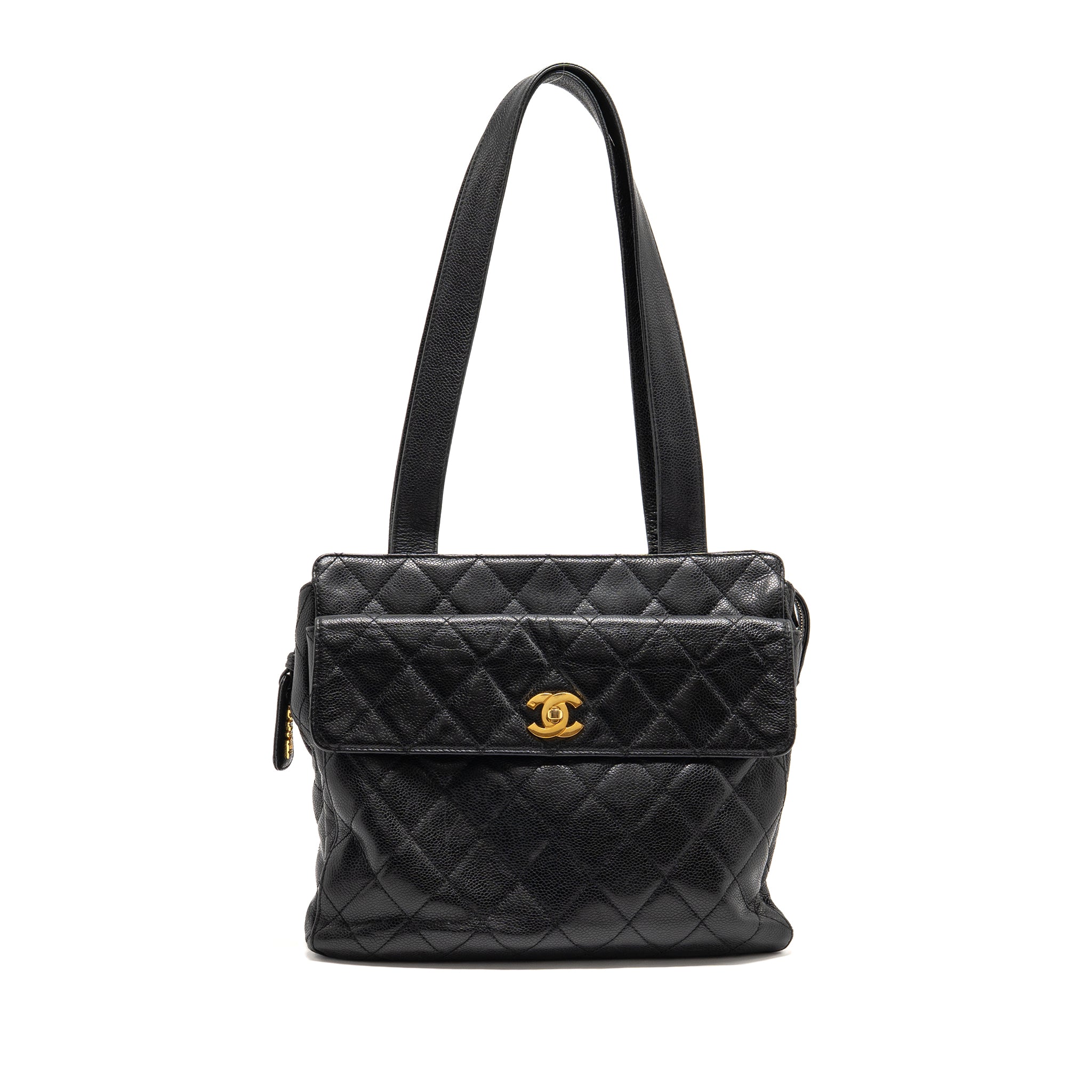 CHANEL QUILTEDE ZIP SHOULDER BAG CAVIAR BLACK GHW