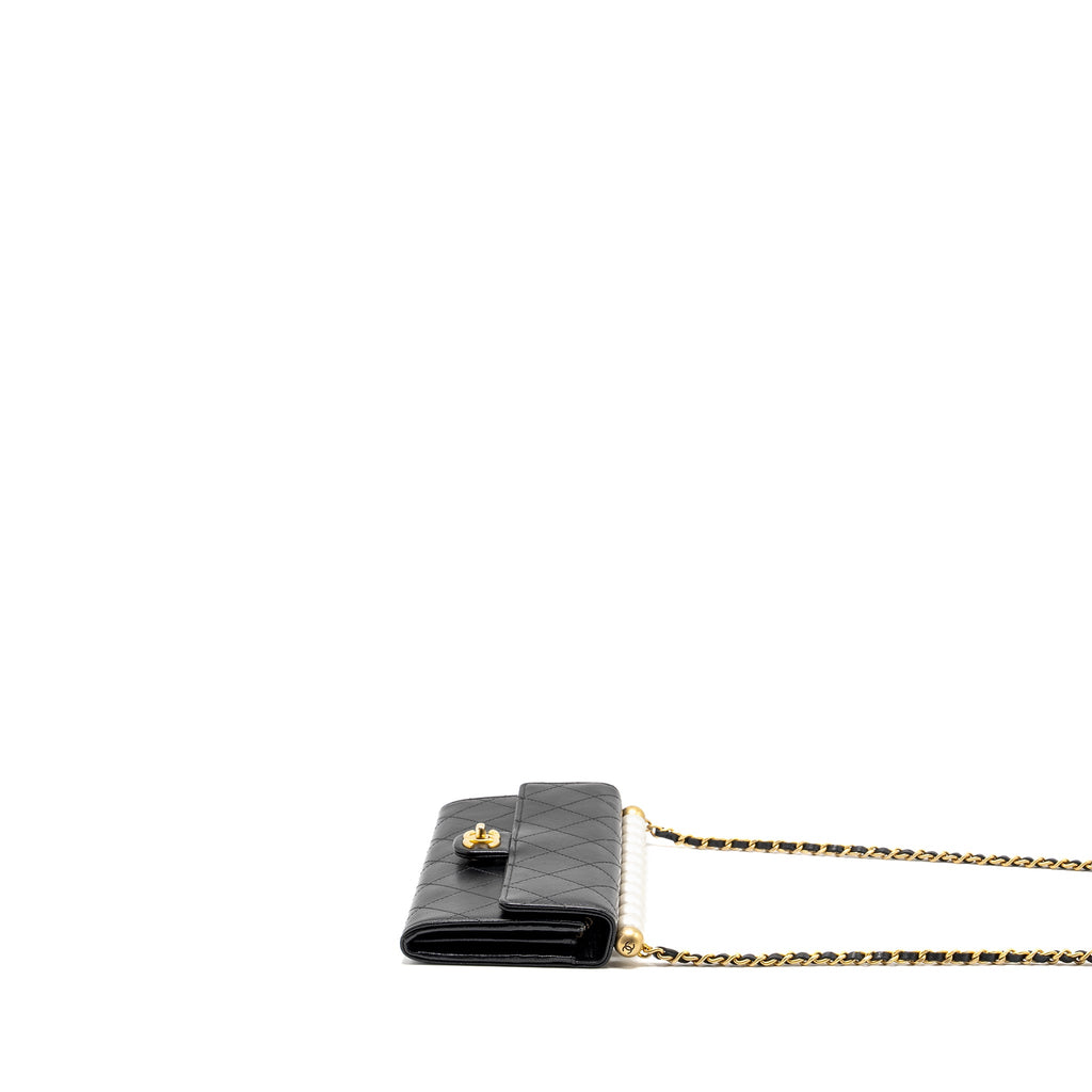 CHANEL QUILTED PEARL LONG WALLET ON CHAIN GOATSKIN BLACK GHW