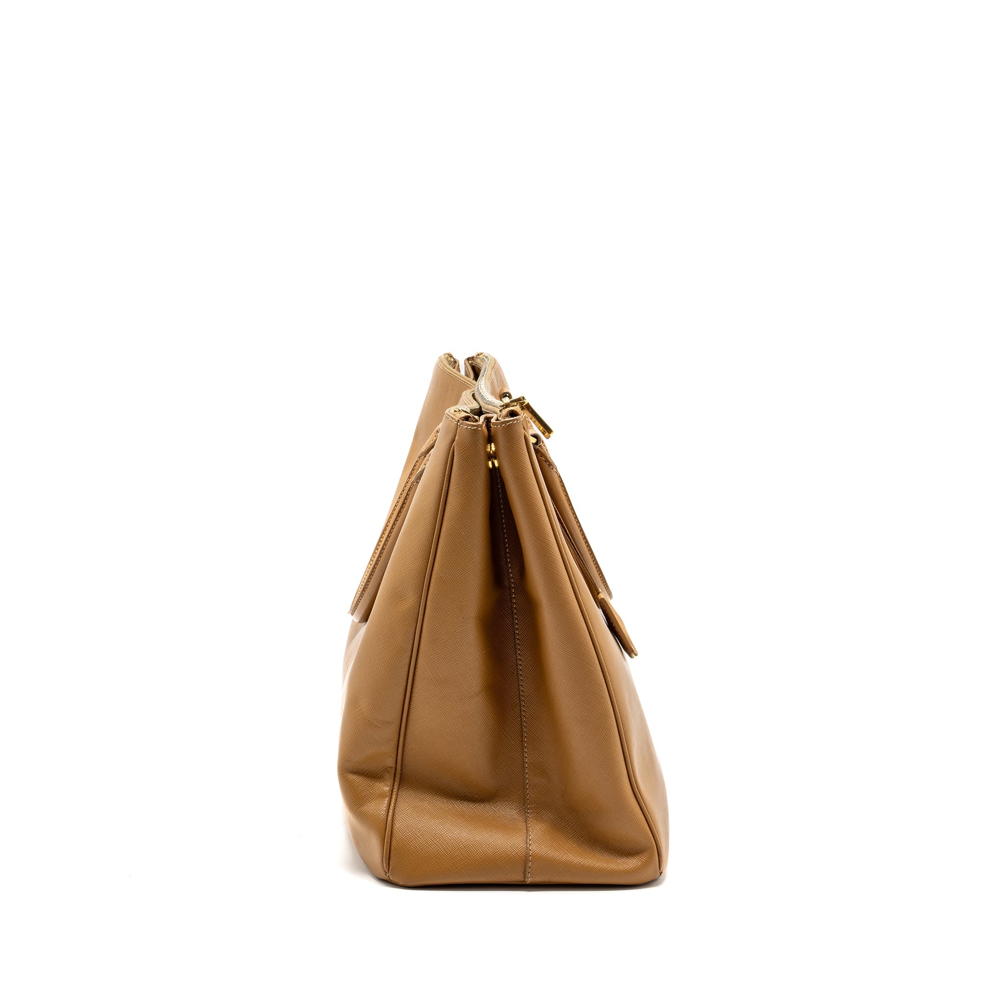 PRADA X LARGE DOUBLE ZIP TOTE BAG SAFFIANO CALFSKIN CARAMEL GHW