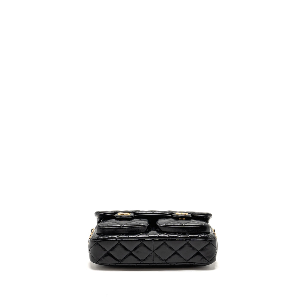 CHANEL DOUBLE POCKET TOP HANDLE MESSANGER BAG SHINY CALFSKIN BLACK GHW (MICROCHIP)
