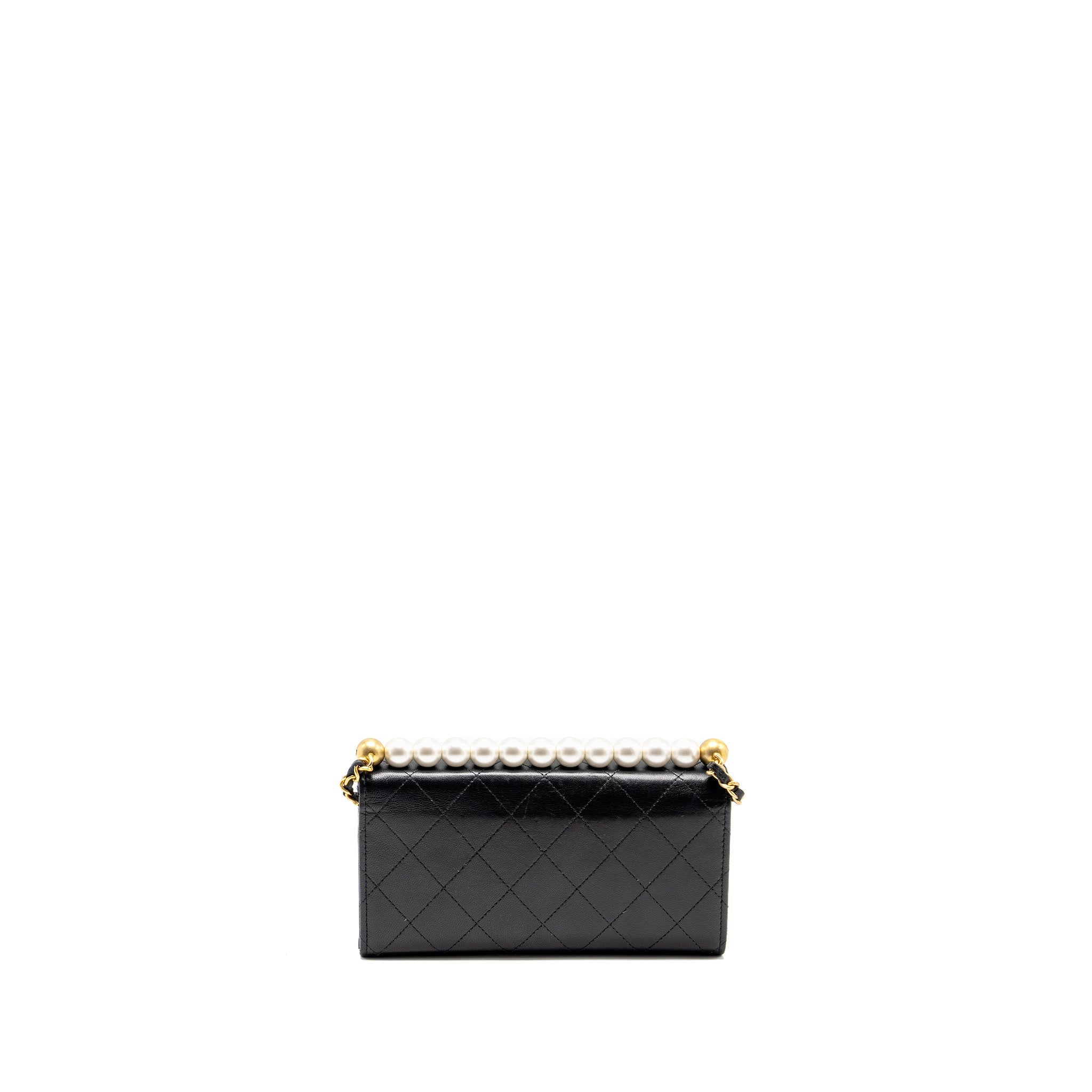 CHANEL QUILTED PEARL LONG WALLET ON CHAIN GOATSKIN BLACK GHW