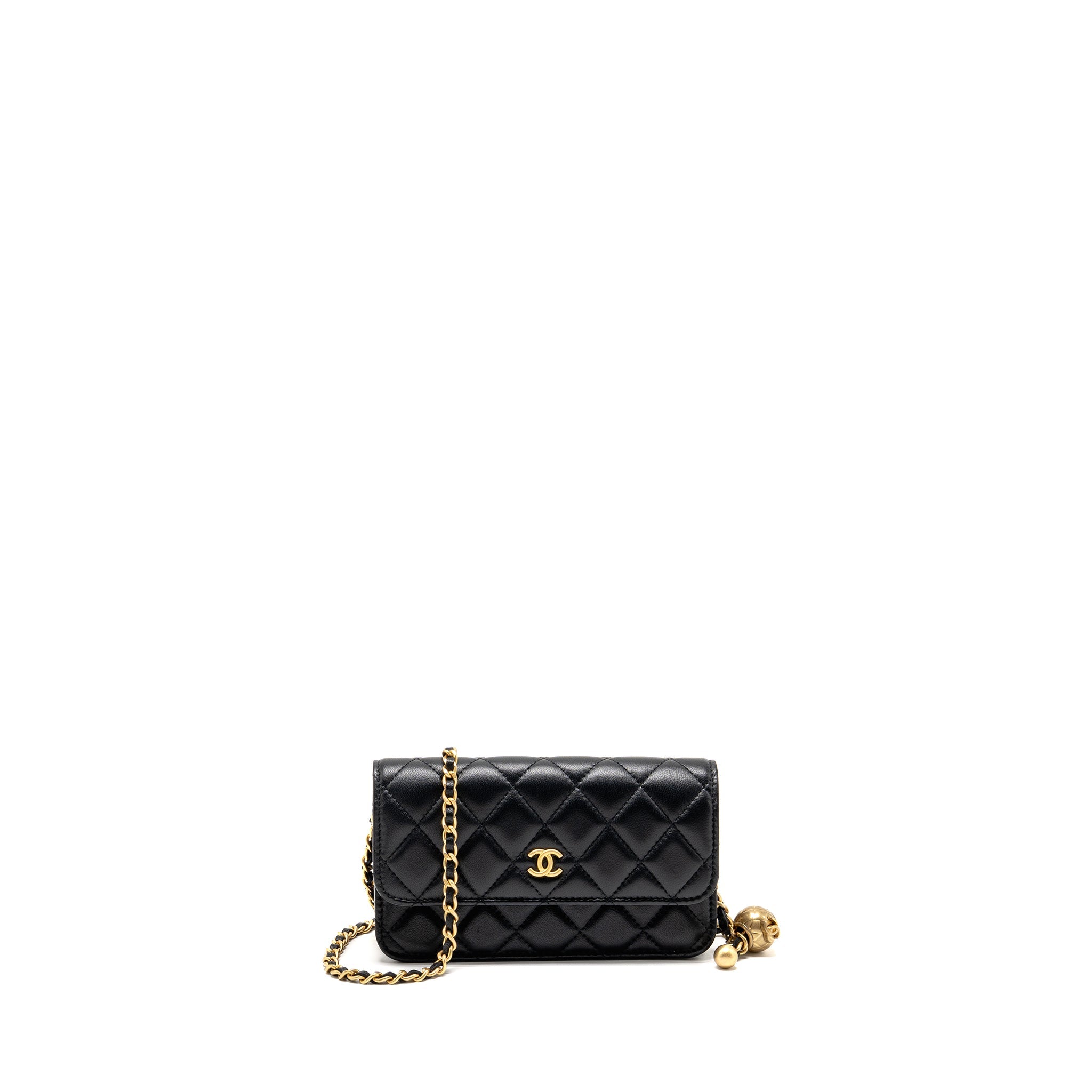 CHANEL PEARL CRUSH MINI WALLET ON CHAIN LAMBSKIN BLACK GHW (MICROCHIP)