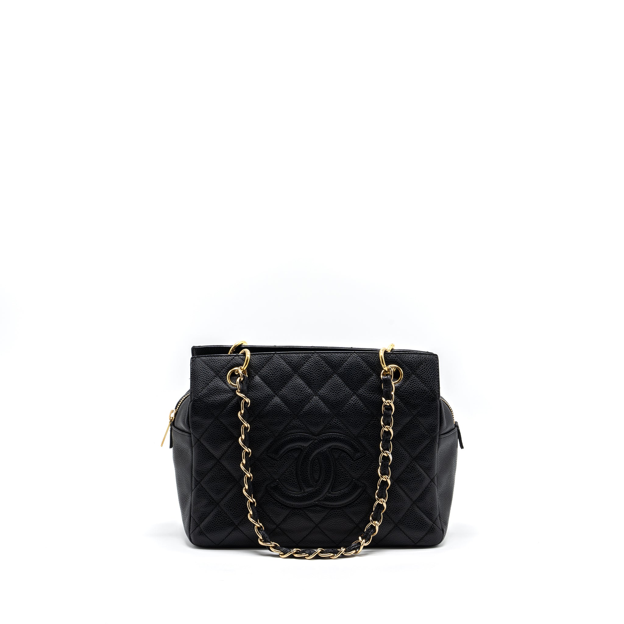 CHANEL CC LOGO SMALL SHOPPING TOTE BAG CAVIAR BLACK GHW