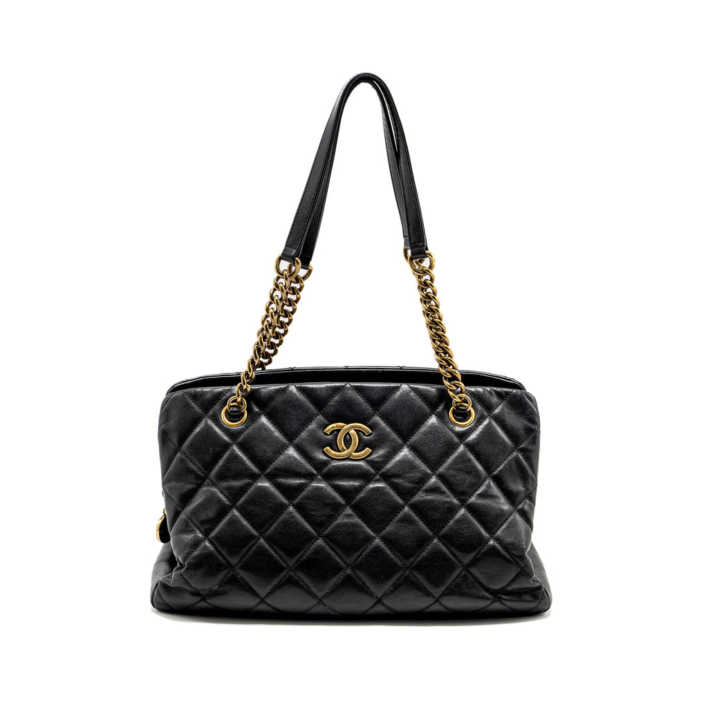 CHANEL SMALL QUILTED CC CROWN TOTE BAG CALFSKIN BLACK BRUSHED GHW