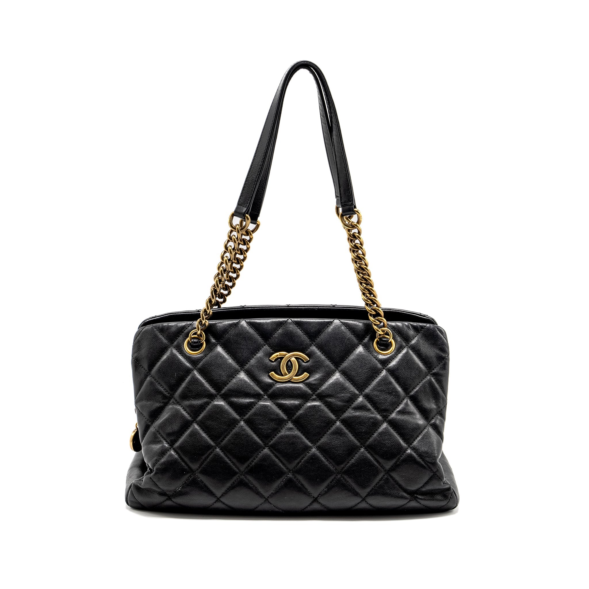 CHANEL SMALL QUILTED CC CROWN TOTE BAG CALFSKIN BLACK BRUSHED GHW