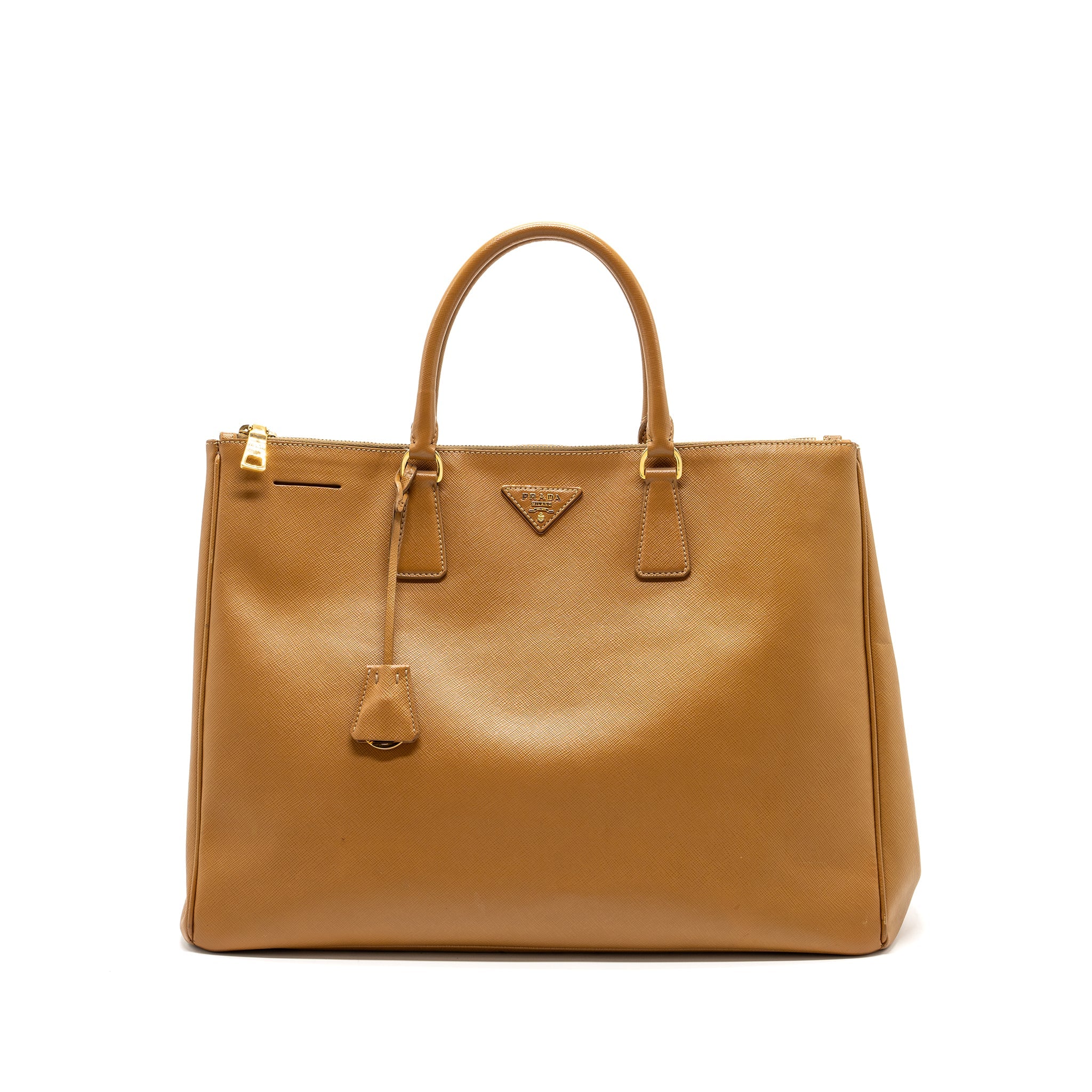 PRADA X LARGE DOUBLE ZIP TOTE BAG SAFFIANO CALFSKIN CARAMEL GHW
