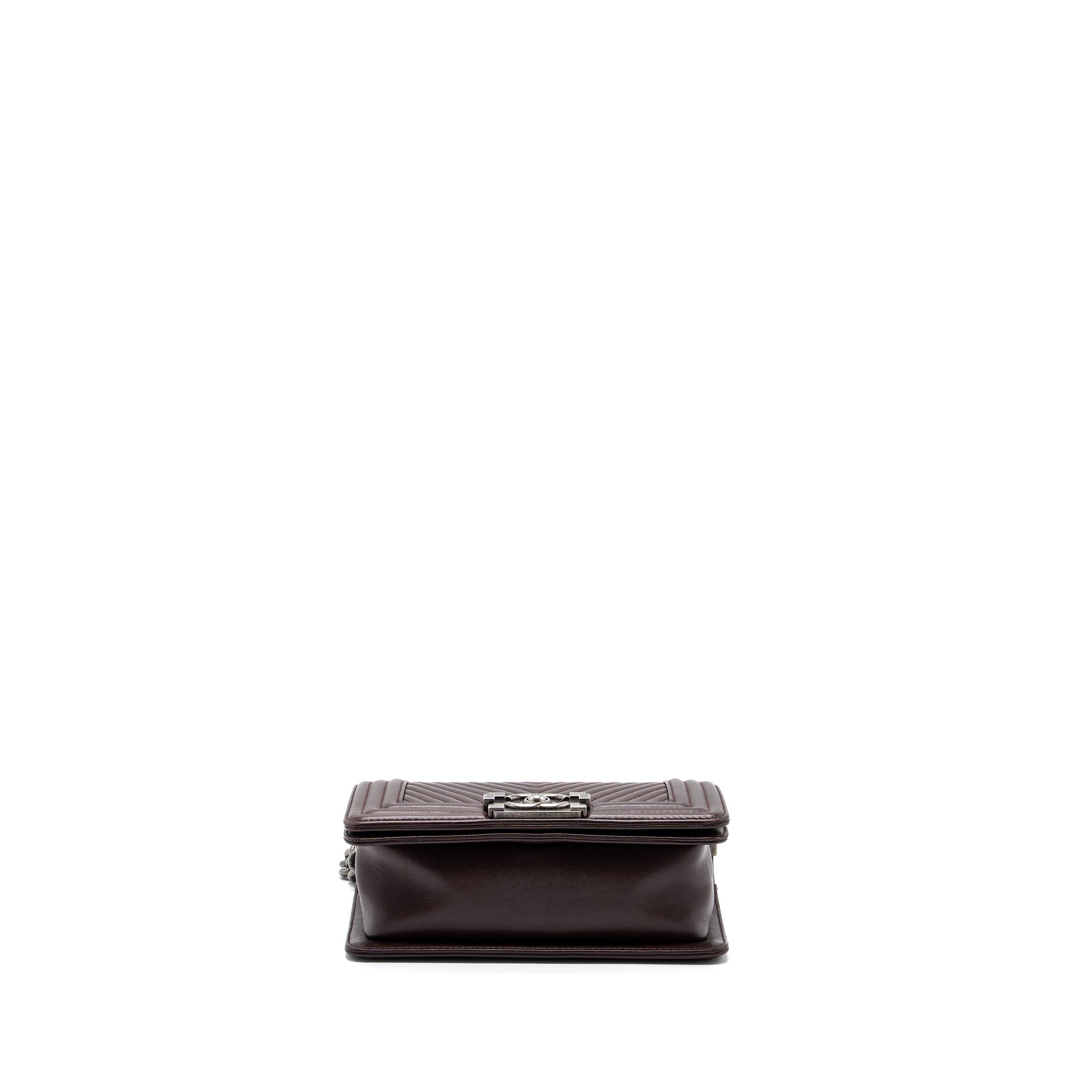 CHANEL CHEVRON SMALL BOY BAG LAMBSKIN BURGUNDY RUTHENIUM HARDWARE