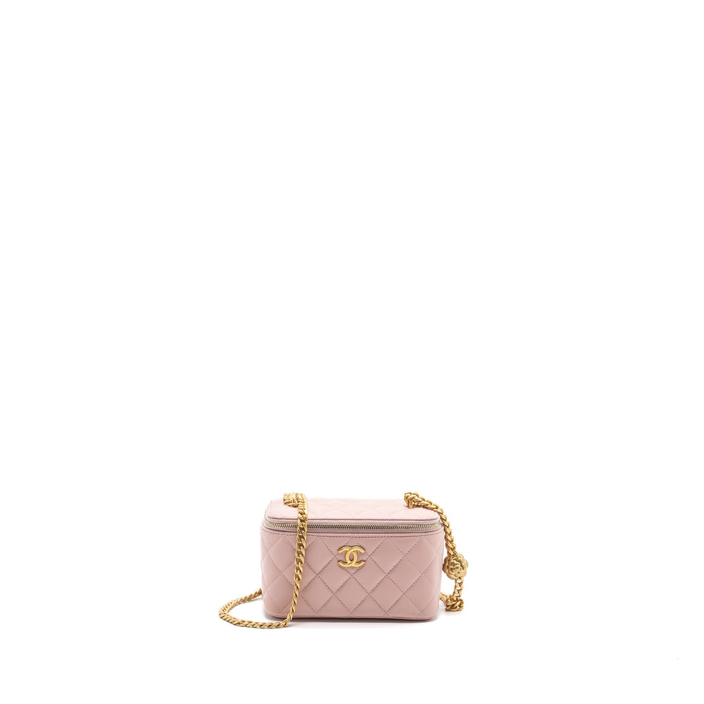 CHANEL LONG VANITY CASE CAMELLIA CHAIN LAMBSKIN  LIGHT PINK GHW (MICROCHIP)