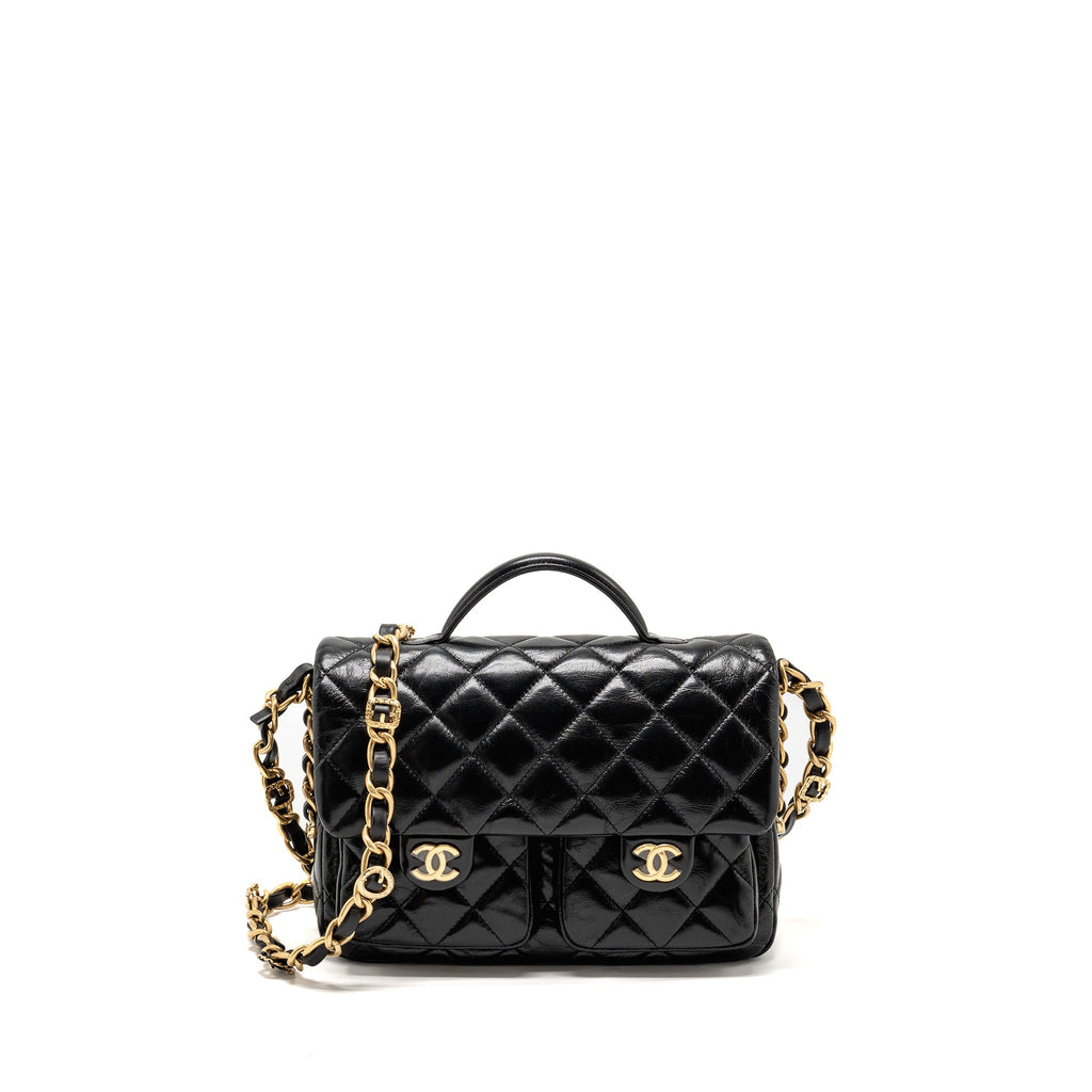 CHANEL DOUBLE POCKET TOP HANDLE MESSANGER BAG SHINY CALFSKIN BLACK GHW (MICROCHIP)