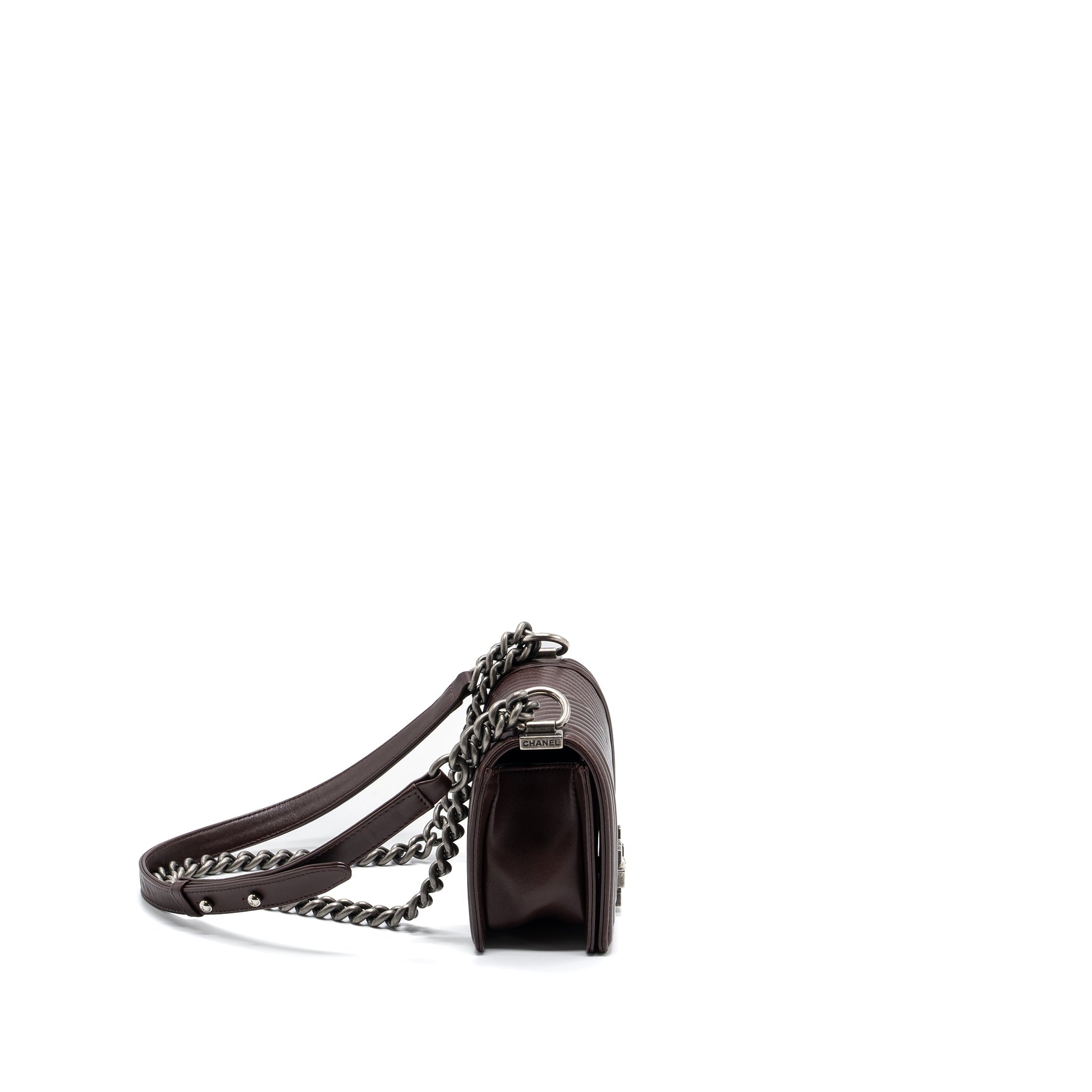 CHANEL CHEVRON SMALL BOY BAG LAMBSKIN BURGUNDY RUTHENIUM HARDWARE