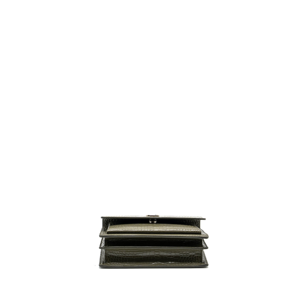 SAINT LAURENT/YSL SUNSET BAG CROC-EMBOSSED CALFSKIN KHAKI SHW