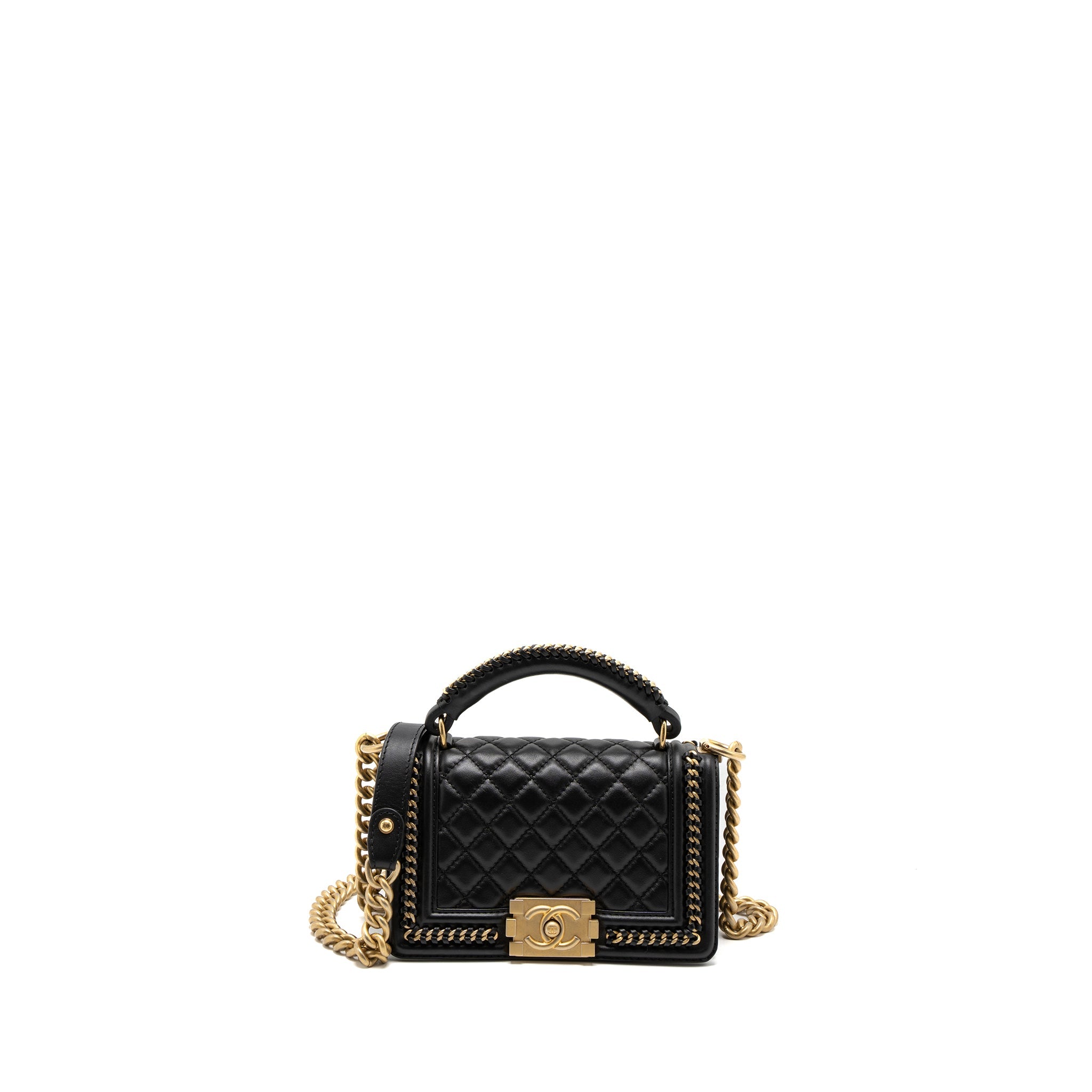 CHANEL TOP HANDLE SMALL BOY BAG CALFSKIN BLACK BRUSHED GHW