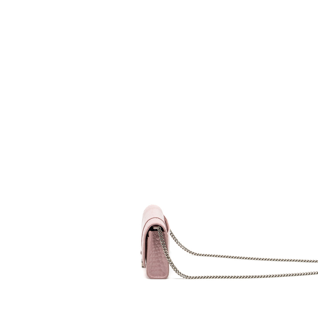 BALENCIAGA HOURGLASS WALLET ON CHAIN CROC-EMBOSSED CALFSKIN PINK SHW