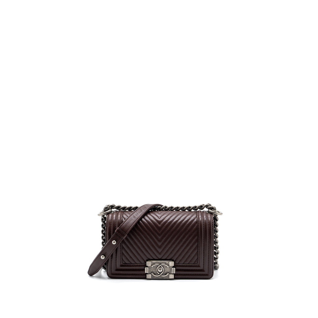 CHANEL CHEVRON SMALL BOY BAG LAMBSKIN BURGUNDY RUTHENIUM HARDWARE