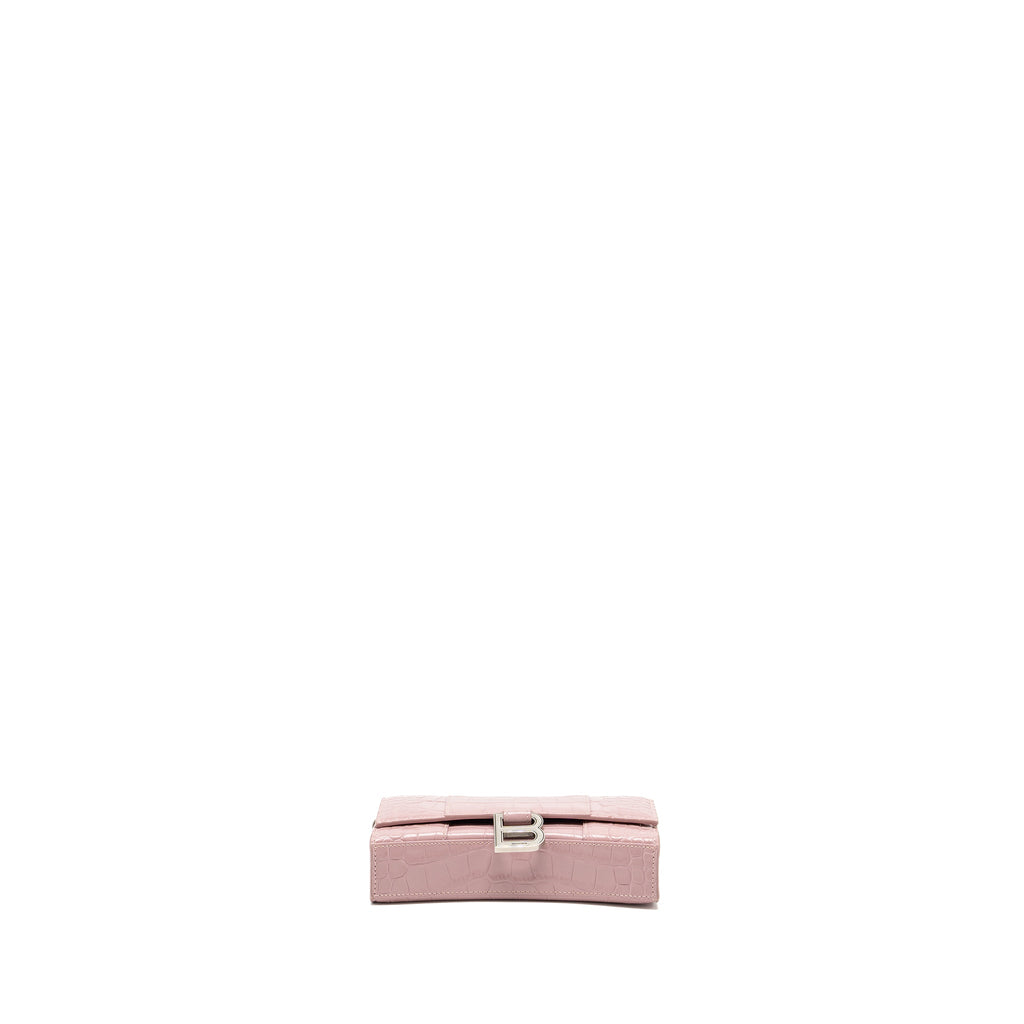 BALENCIAGA HOURGLASS WALLET ON CHAIN CROC-EMBOSSED CALFSKIN PINK SHW