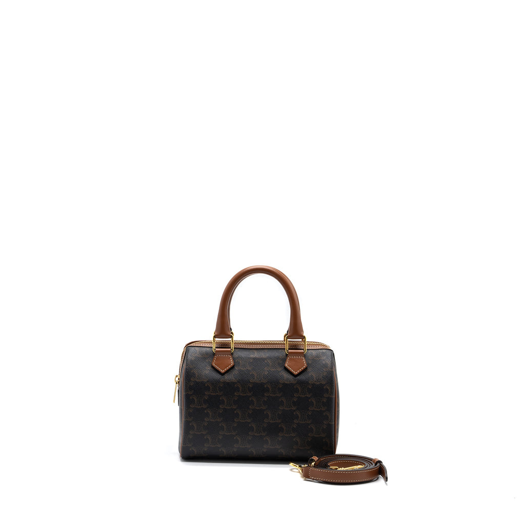 CELINE SMALL BOSTON BAG TRIOMPHE CANVAS/CALFSKIN TAN GHW