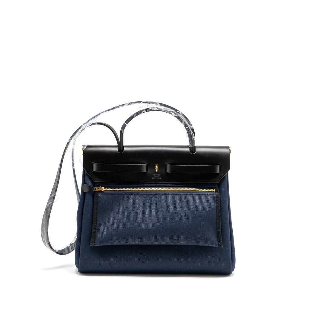 HERMES HERBAG 31 ZIP BAG CANVAS / LEATHER BLUE MARINE / BLACK GHW