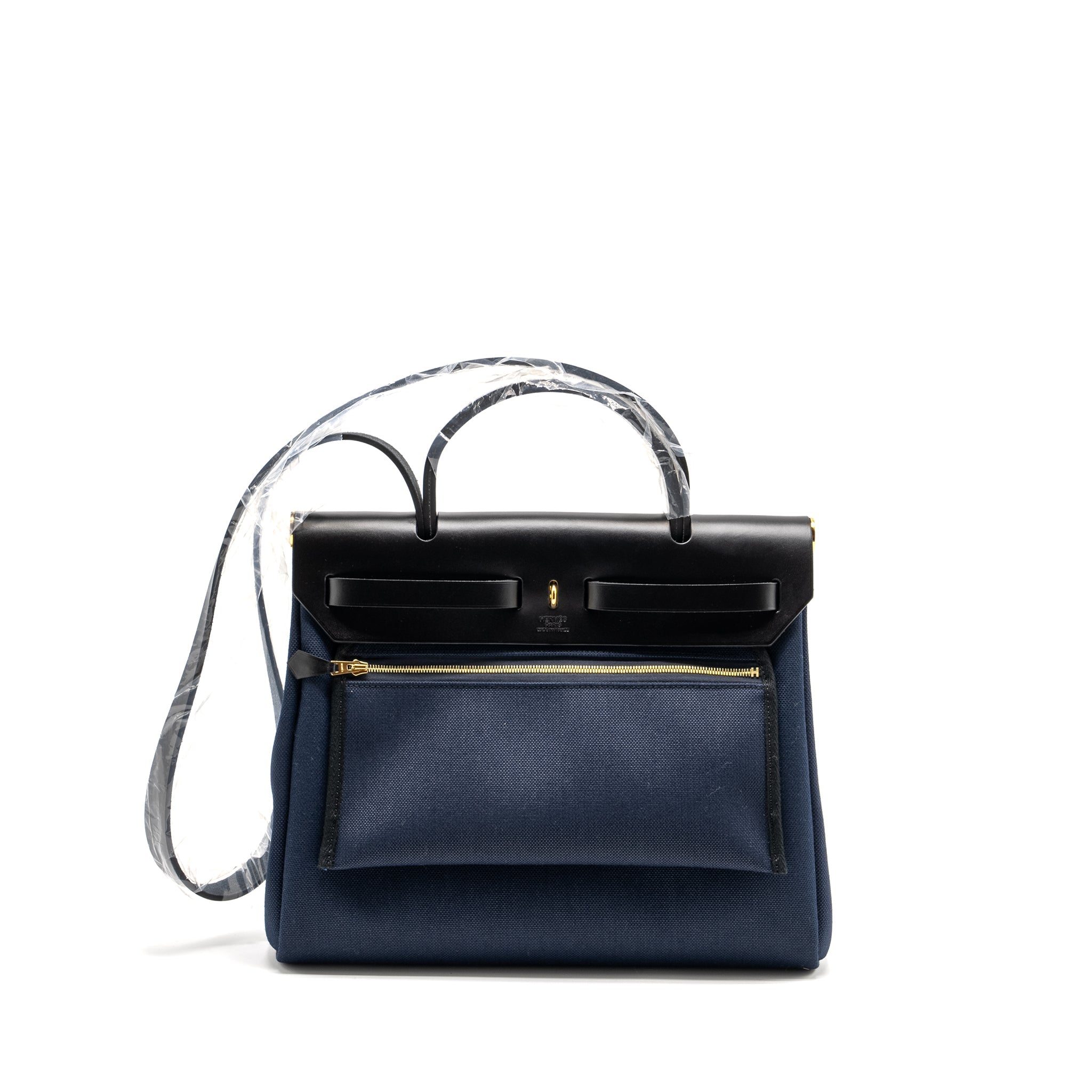 HERMES HERBAG 31 ZIP BAG CANVAS / LEATHER BLUE MARINE / BLACK GHW