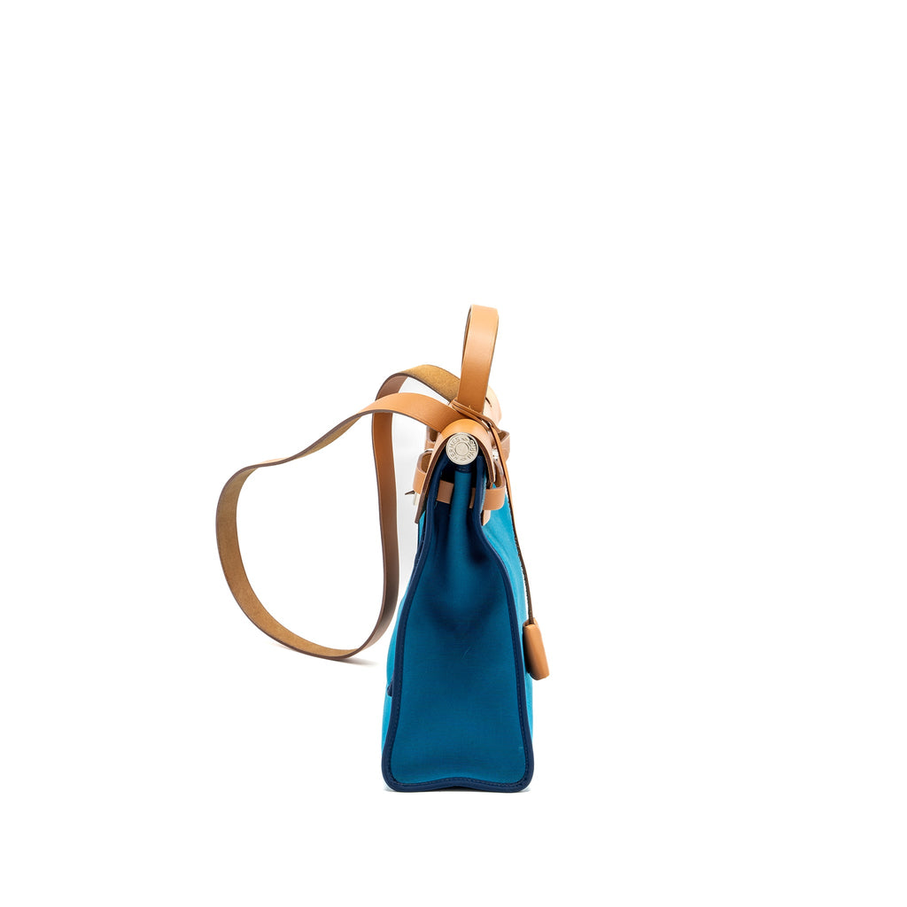 HERMES HERBAG ZIP 31 BAG CANVAS / HUNTER LEATHER BLUE SHW SQUARE Q