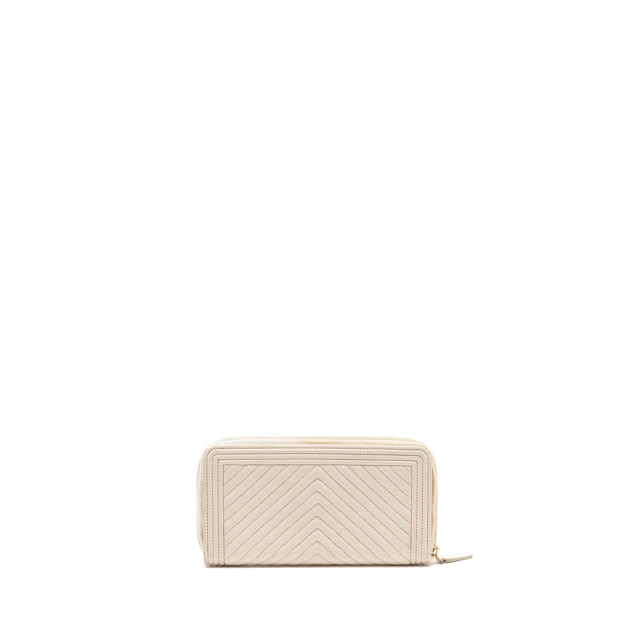 CHANEL CHEVRON BOY ZIP LONG WALLET CAVIAR WHITE LGHW