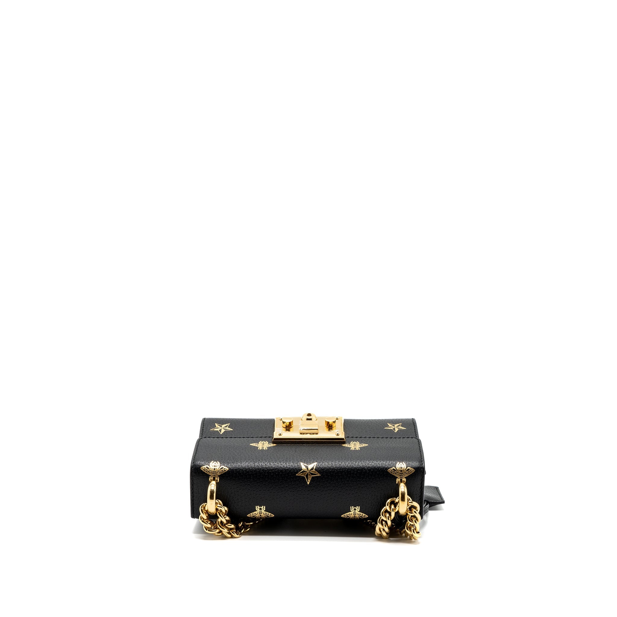 GUCCI PADLOCK CHAIN BAG BEE PRINT CALFSKIN BLACK GHW
