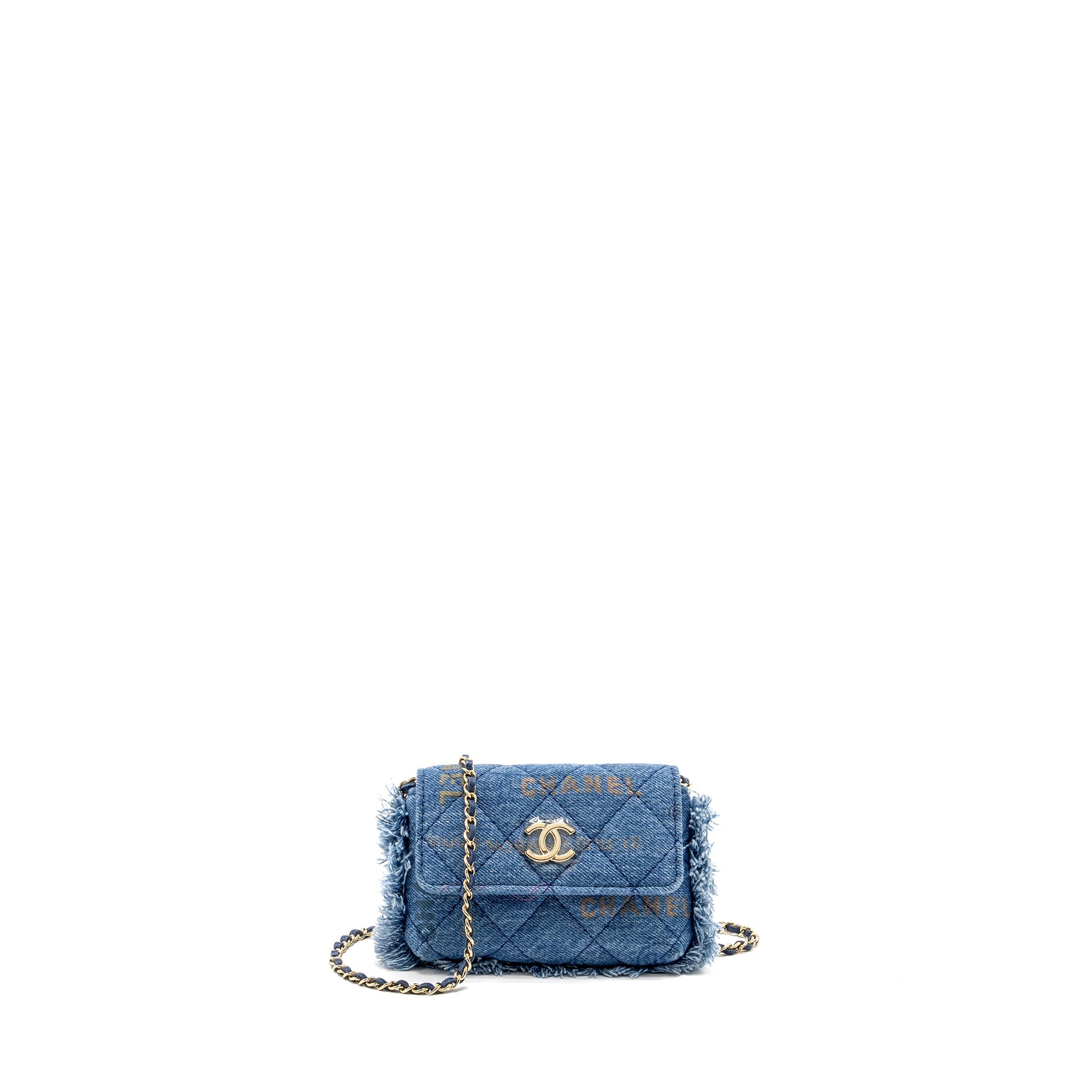 CHANEL 22P LOGO PRINTED MINI CLUTCH WITH CHAIN DENIM BLUE/MULTICOLOUR LGHW