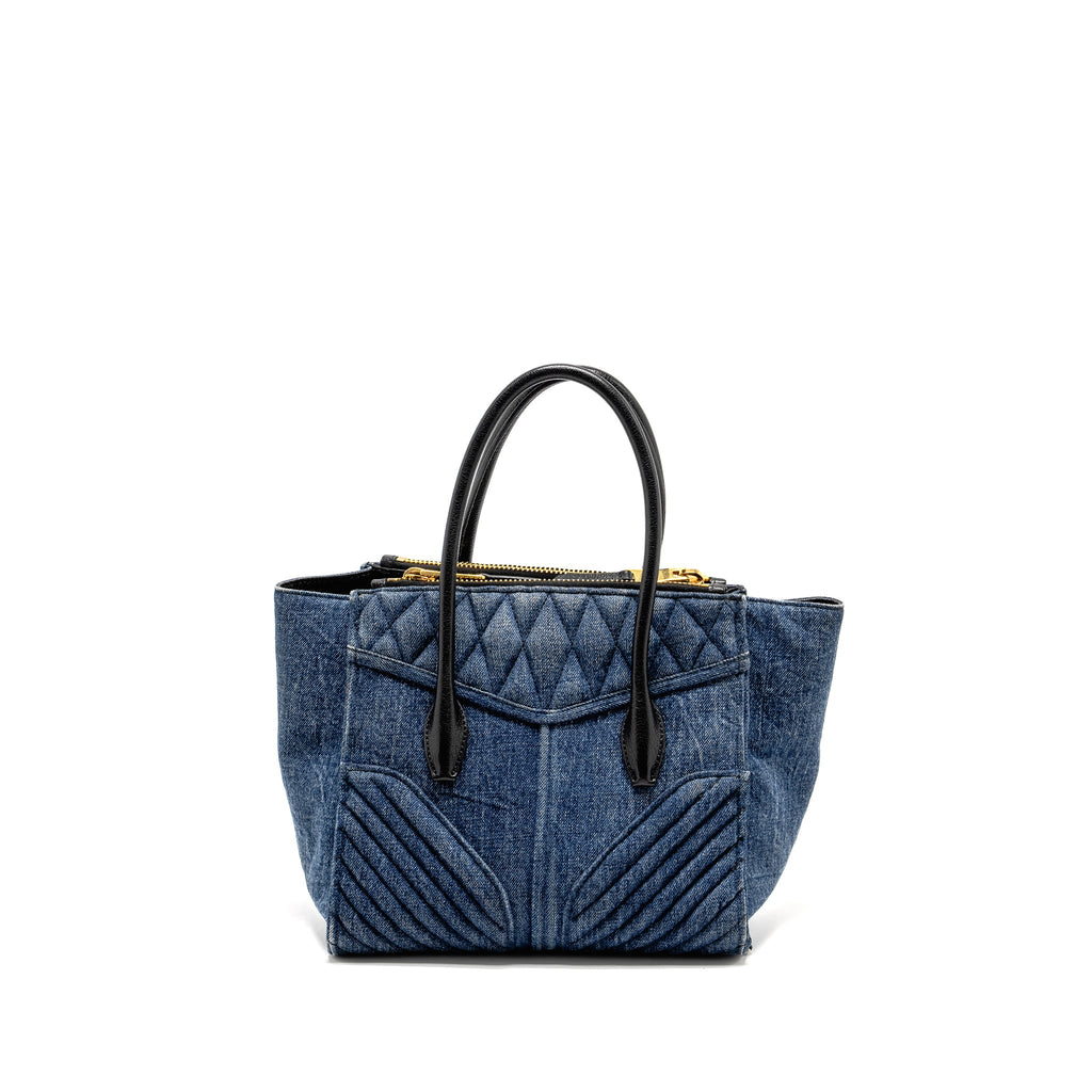 MIU MIU SMALL BIKER TOP HANDLE SATCHEL DENIM NAVY BLUE GHW