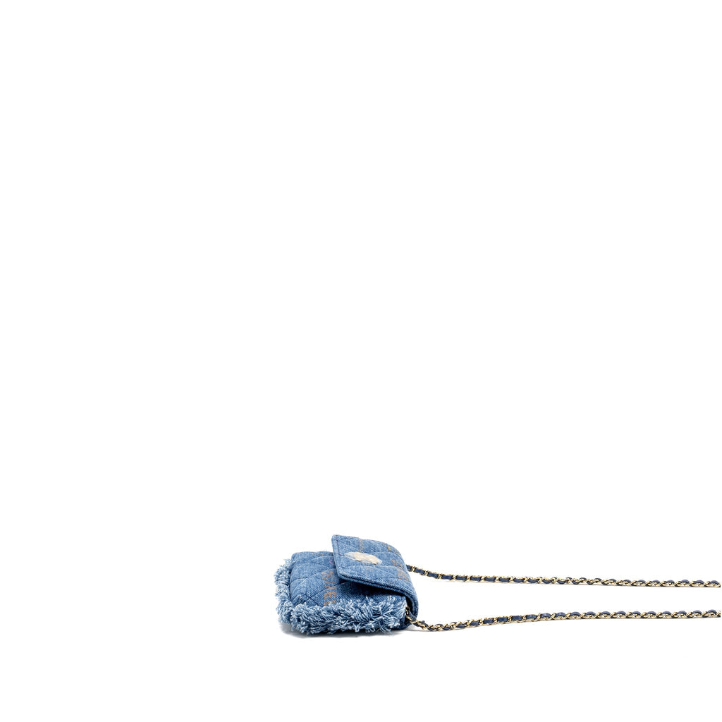 CHANEL 22P LOGO PRINTED MINI CLUTCH WITH CHAIN DENIM BLUE/MULTICOLOUR LGHW