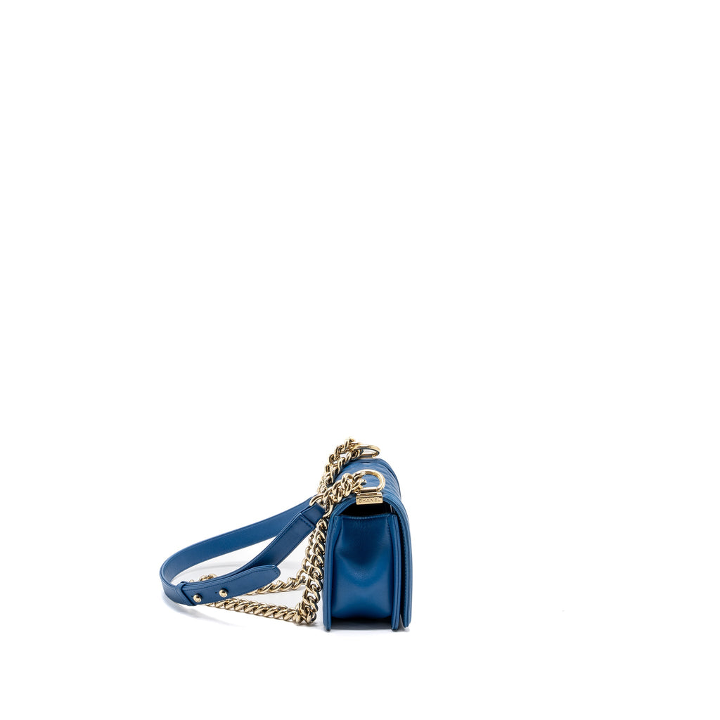 CHANEL SMALL BOY BAG CALFSKIN BLUE LGHW
