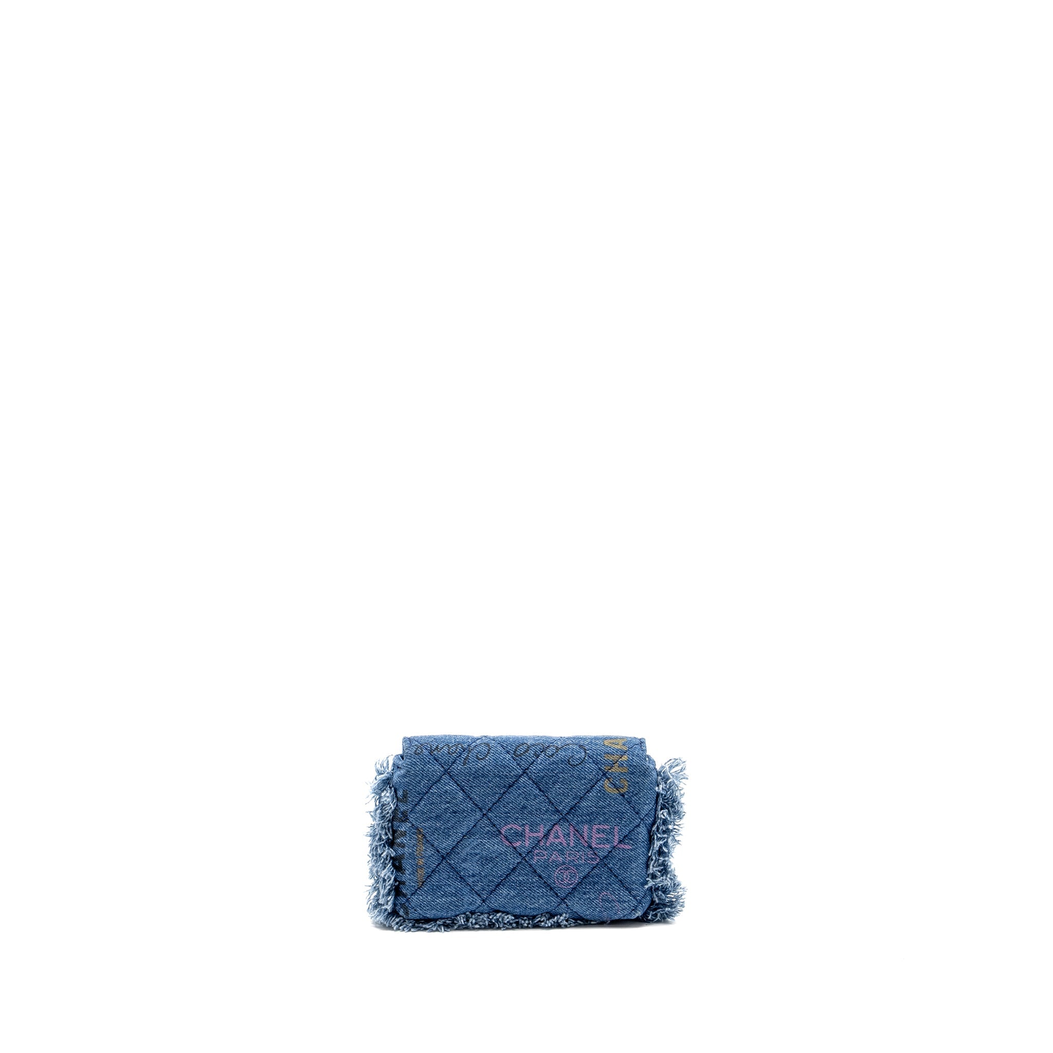 CHANEL 22P LOGO PRINTED MINI CLUTCH WITH CHAIN DENIM BLUE/MULTICOLOUR LGHW