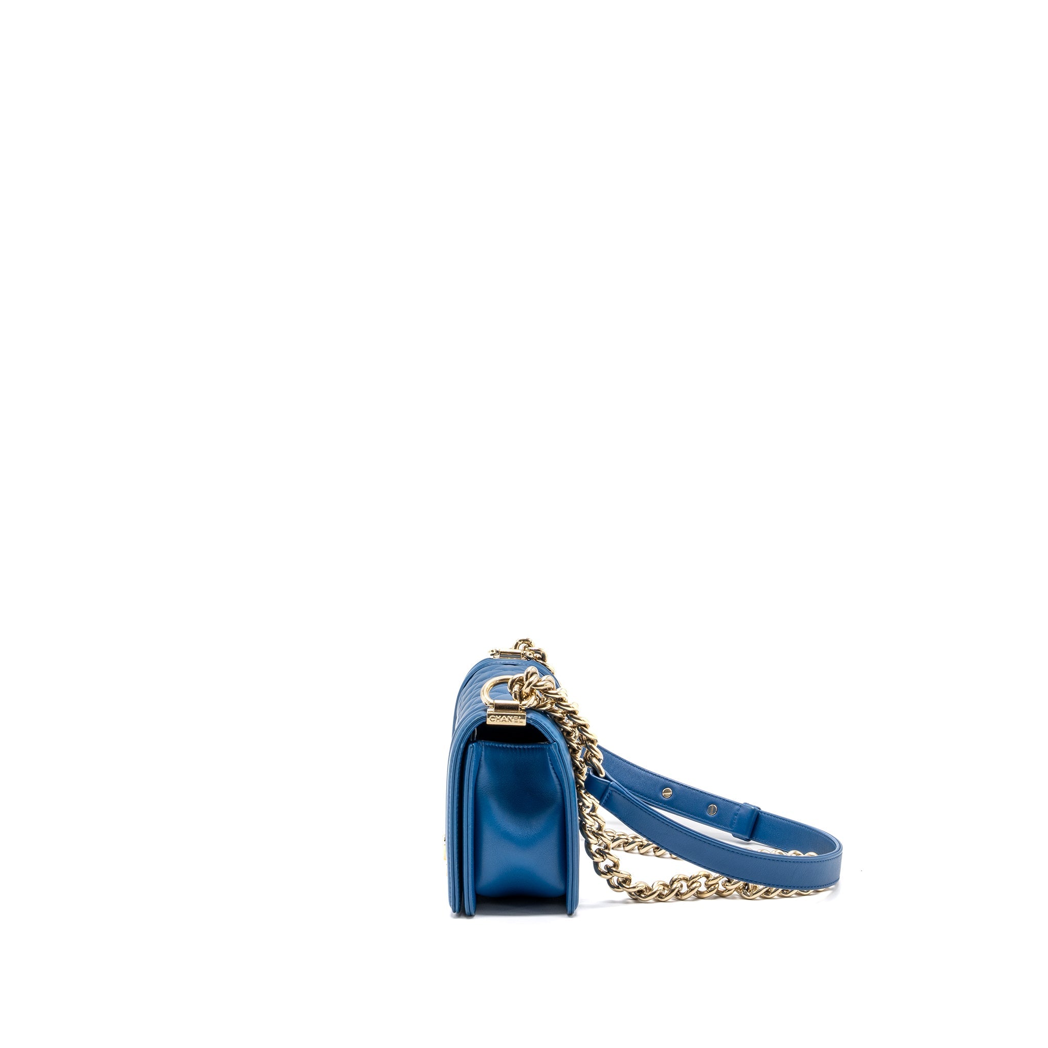 CHANEL SMALL BOY BAG CALFSKIN BLUE LGHW