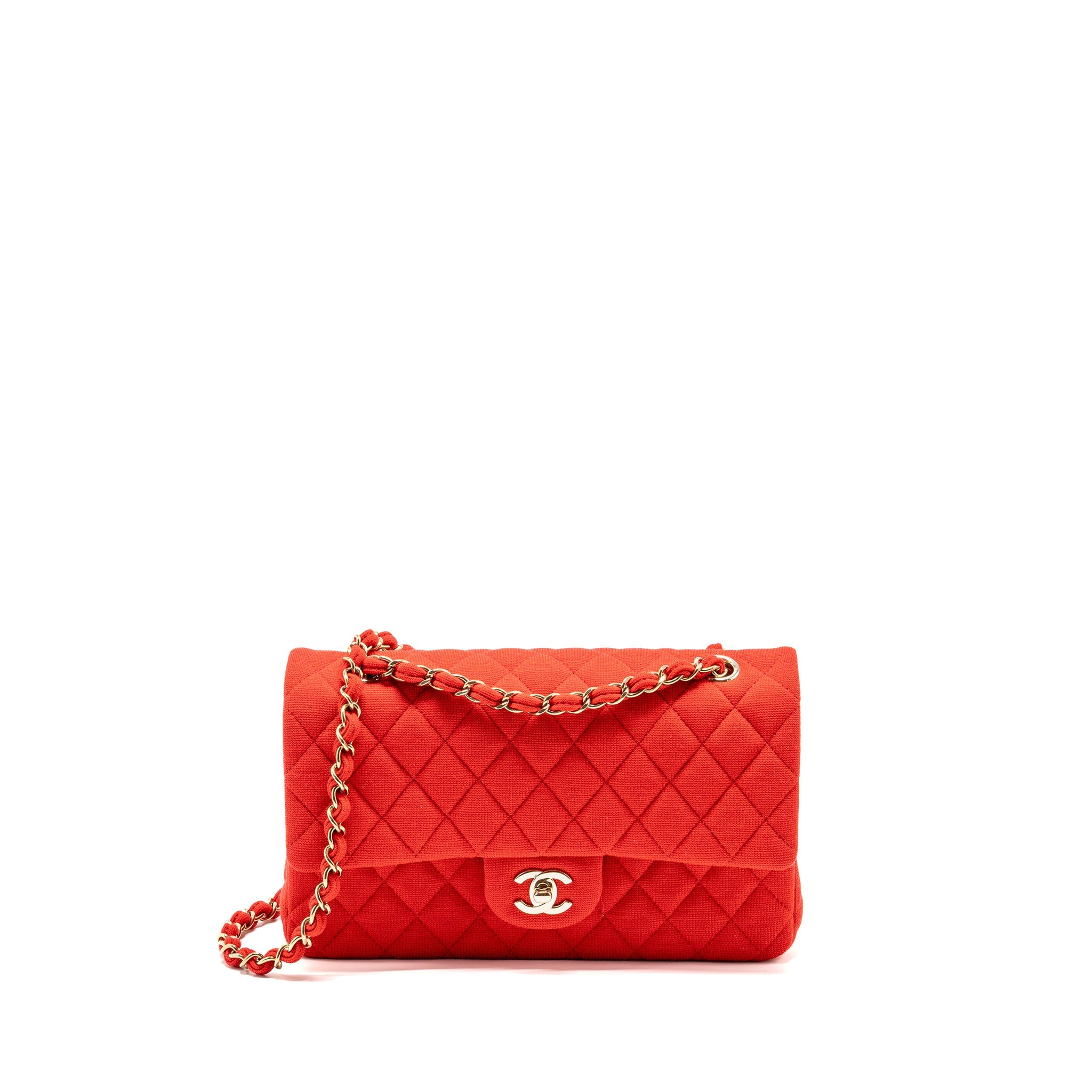 CHANEL MEDIUM CLASSIC DOUBLE FLAP BAG FABRIC RED /PINK LGHW (MICROCHIP)