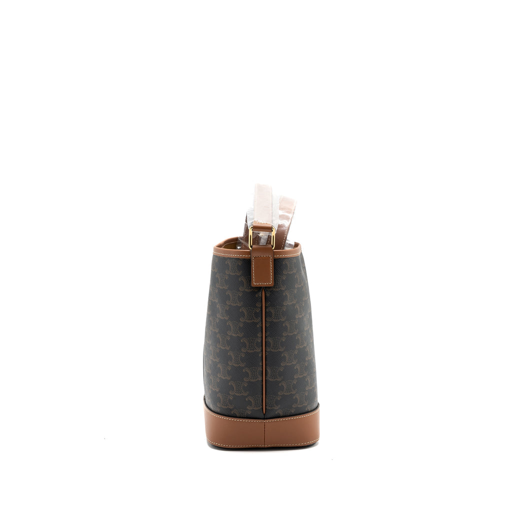 CELINE SMALL BUCKET IN TRIOMPHE CANVAS AND CALFSKIN TAN GHW