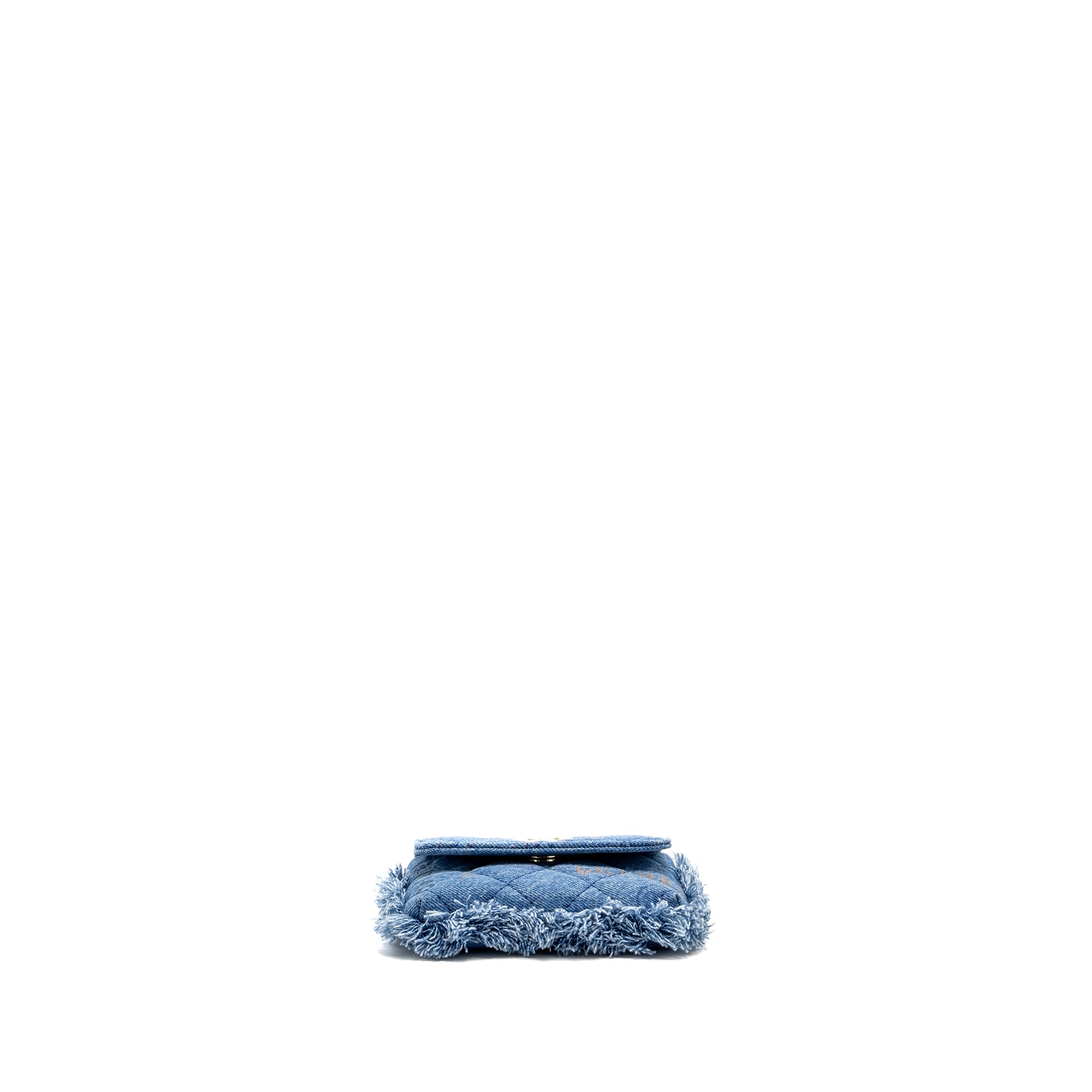 CHANEL 22P LOGO PRINTED MINI CLUTCH WITH CHAIN DENIM BLUE/MULTICOLOUR LGHW