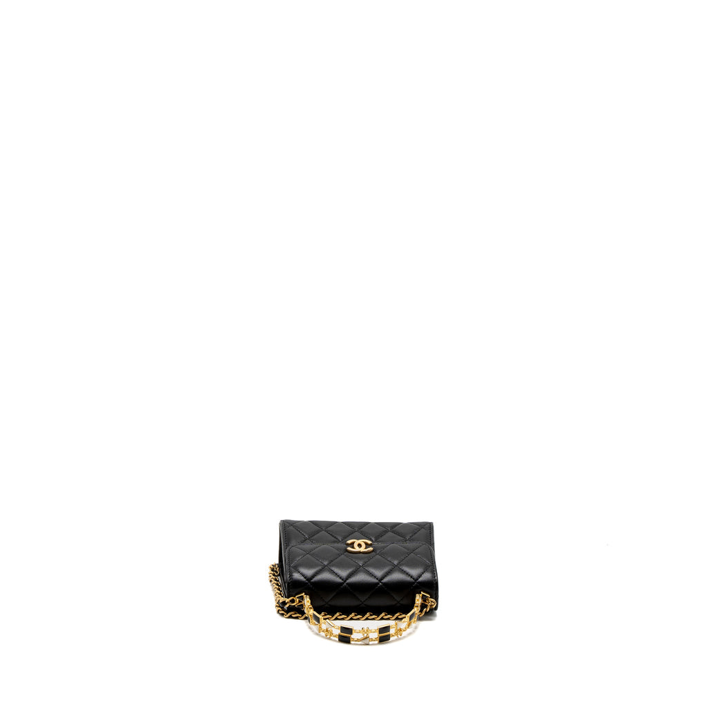 CHANEL 22B FLAP BAG ENAMEL TOP HANDLE LAMBSKIN BLACK BRUSHED GHW (MICROCHIP)