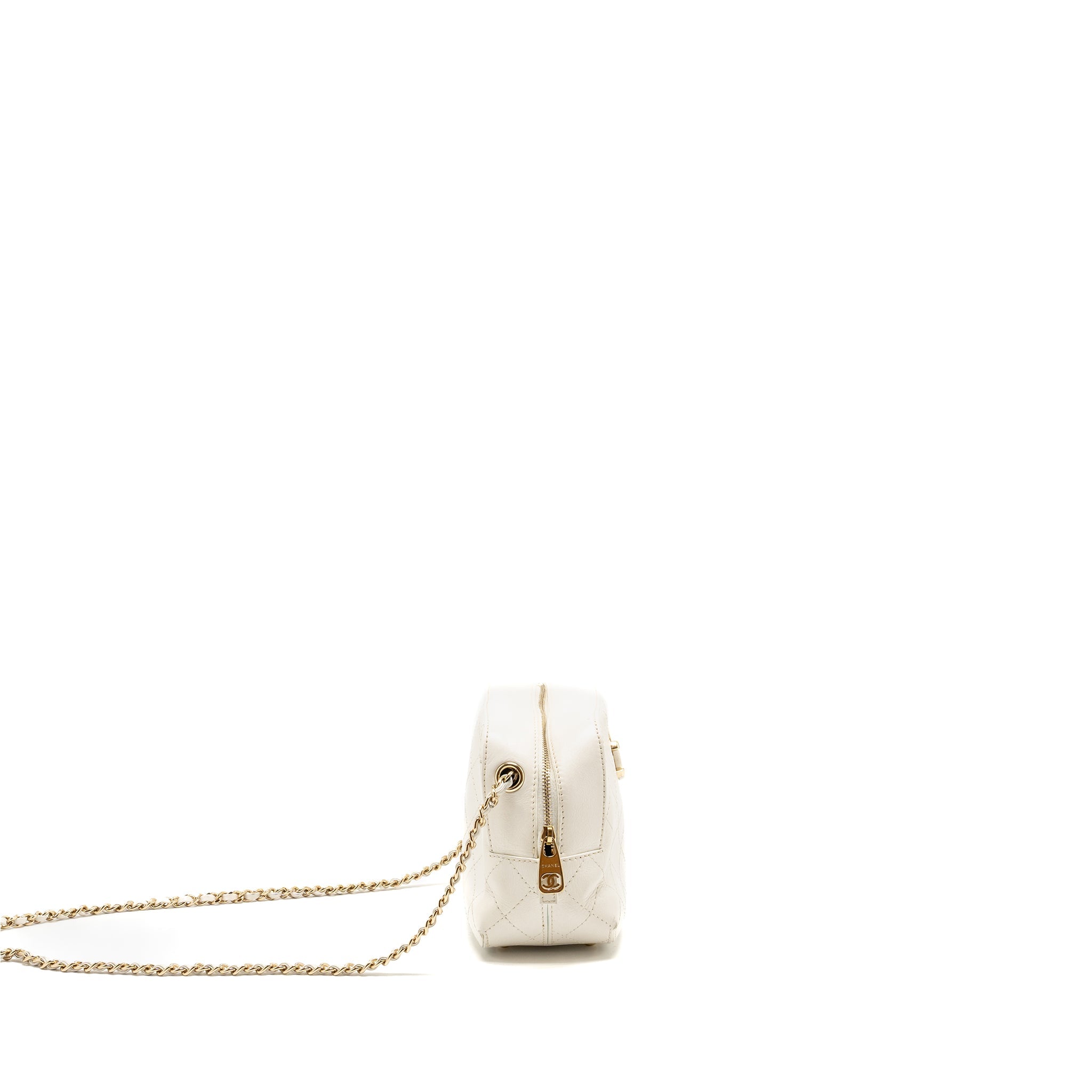 CHANEL MINI CAMERA BAG WITH CHAIN CALFSKIN WHITE LGHW