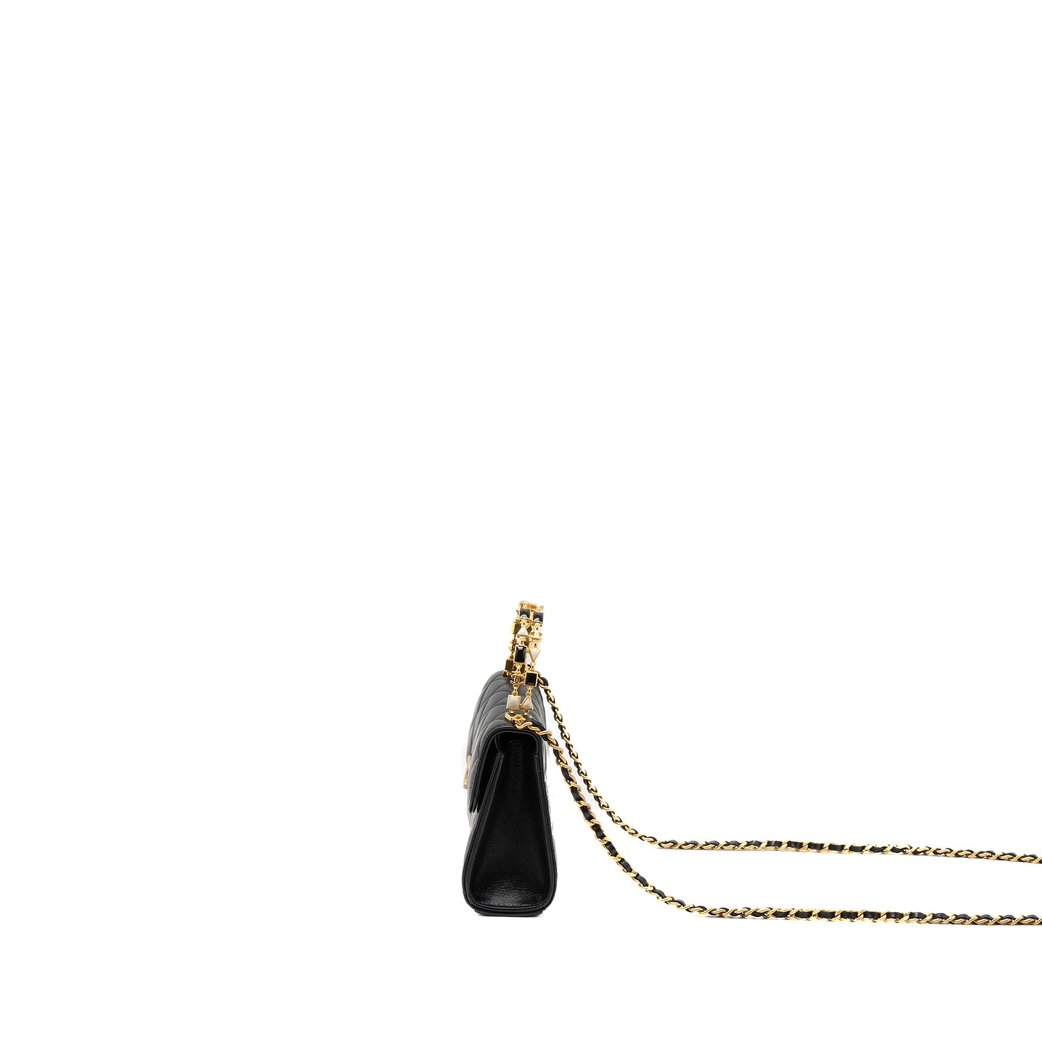 CHANEL 22B FLAP BAG ENAMEL TOP HANDLE LAMBSKIN BLACK BRUSHED GHW (MICROCHIP)