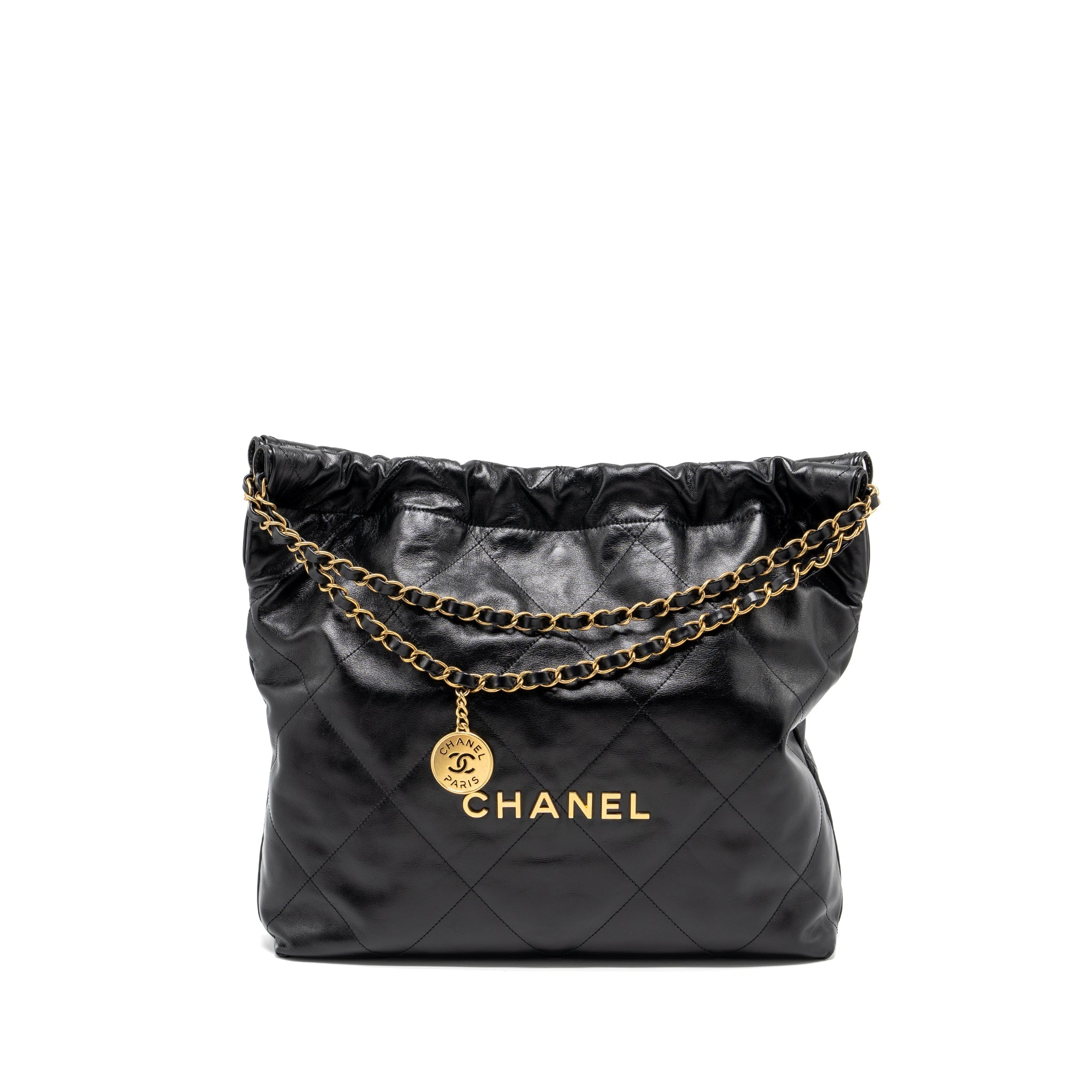 CHANEL MEDIUM 22 BAG SHINY CALFSKIN BLACK GHW (MICROCHIP)