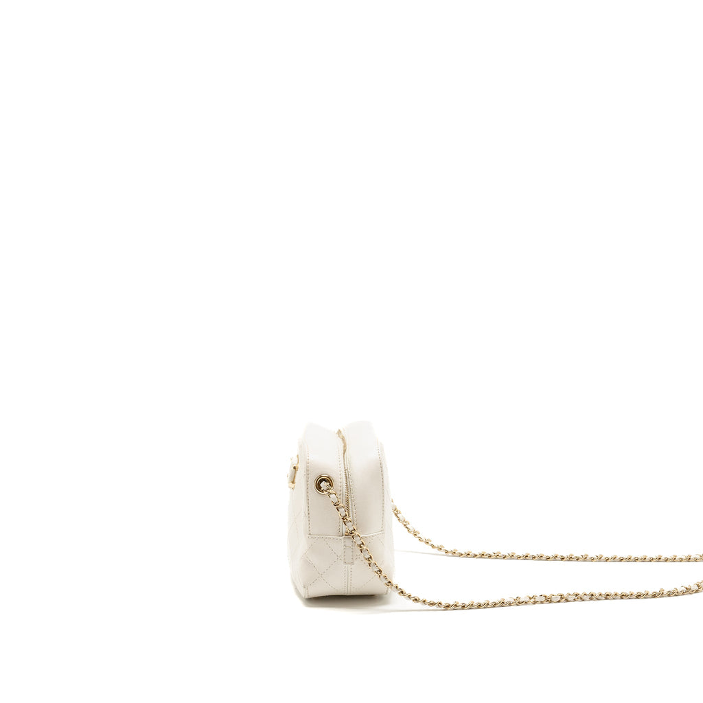 CHANEL MINI CAMERA BAG WITH CHAIN CALFSKIN WHITE LGHW