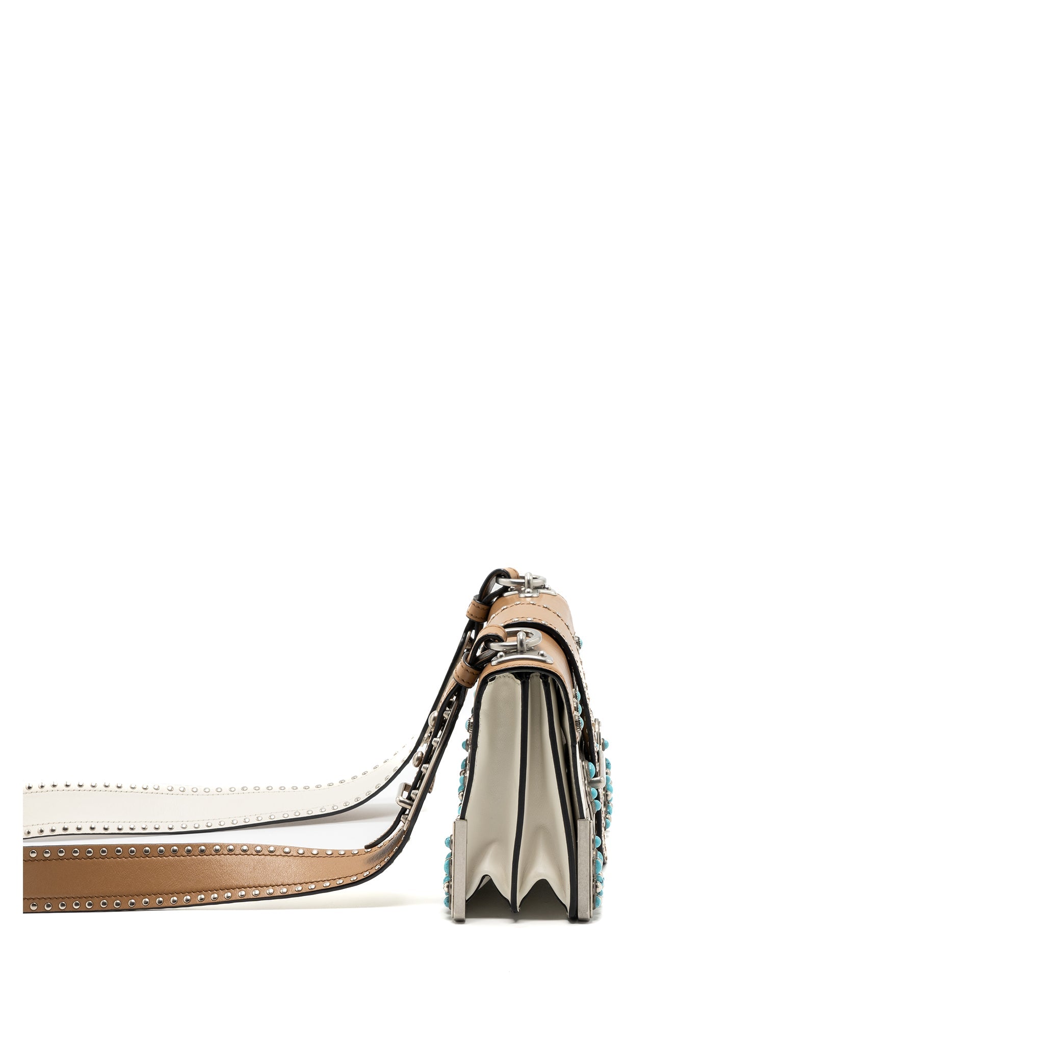 PRADA CAHIER EMBELLISHED TWO-TONE LEATHER SHOULDER BAG WHITE / CARAMEL SHW