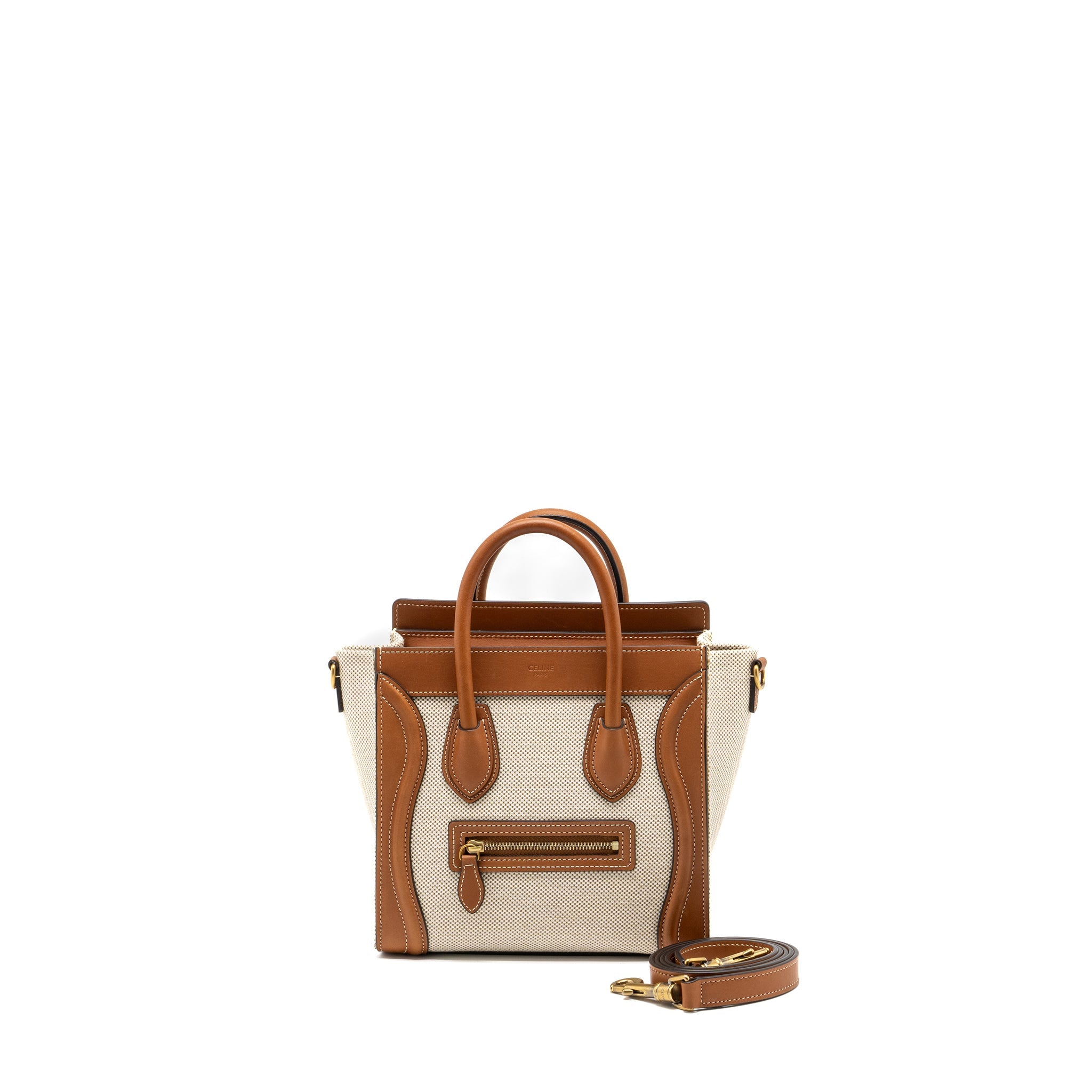 CELINE NANO LUGGAGE BAG CANVAS/LEATHER TAN/WHITE GHW