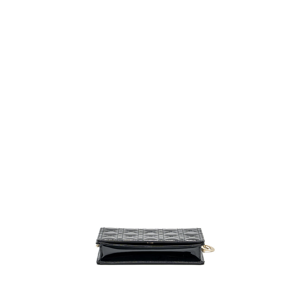 DIOR LADY DIOR POUCH WALLET ON CHAIN PATENT BLACK LGHW