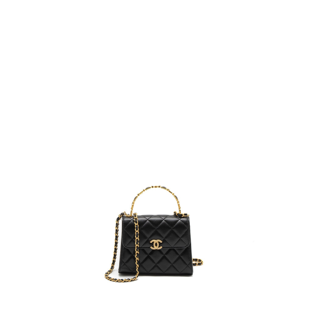 CHANEL 22B FLAP BAG ENAMEL TOP HANDLE LAMBSKIN BLACK BRUSHED GHW (MICROCHIP)
