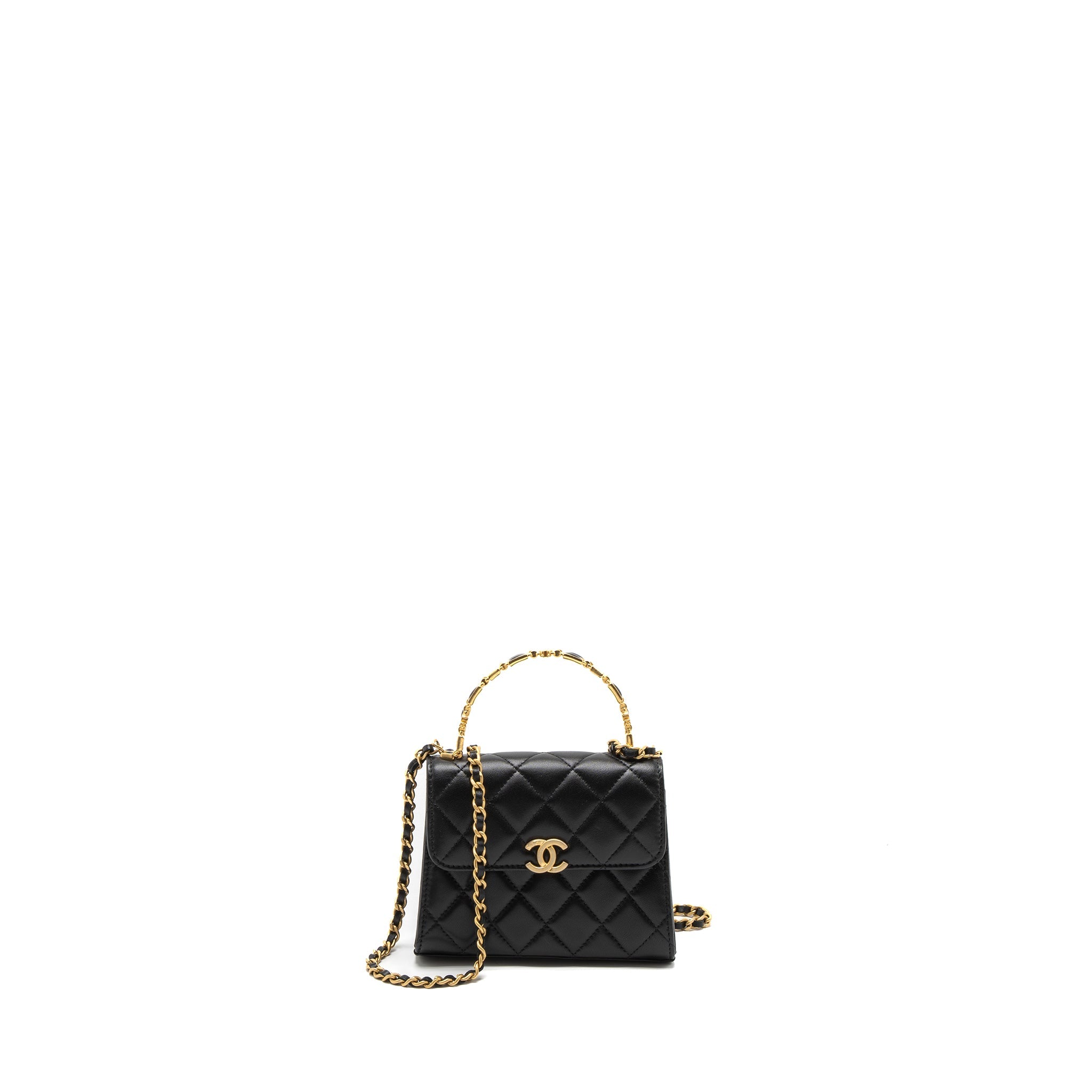 CHANEL 22B FLAP BAG ENAMEL TOP HANDLE LAMBSKIN BLACK BRUSHED GHW (MICROCHIP)