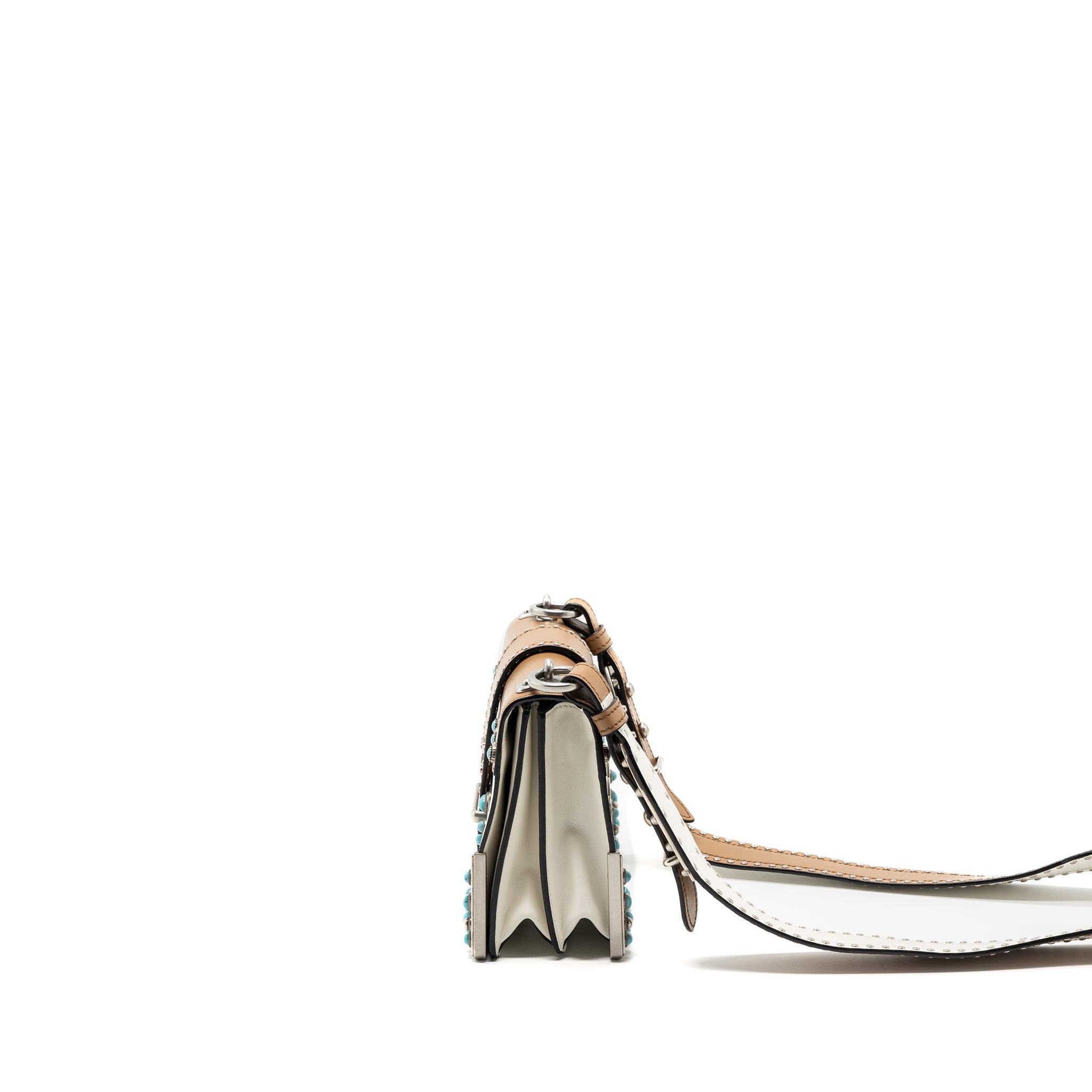 PRADA CAHIER EMBELLISHED TWO-TONE LEATHER SHOULDER BAG WHITE / CARAMEL SHW