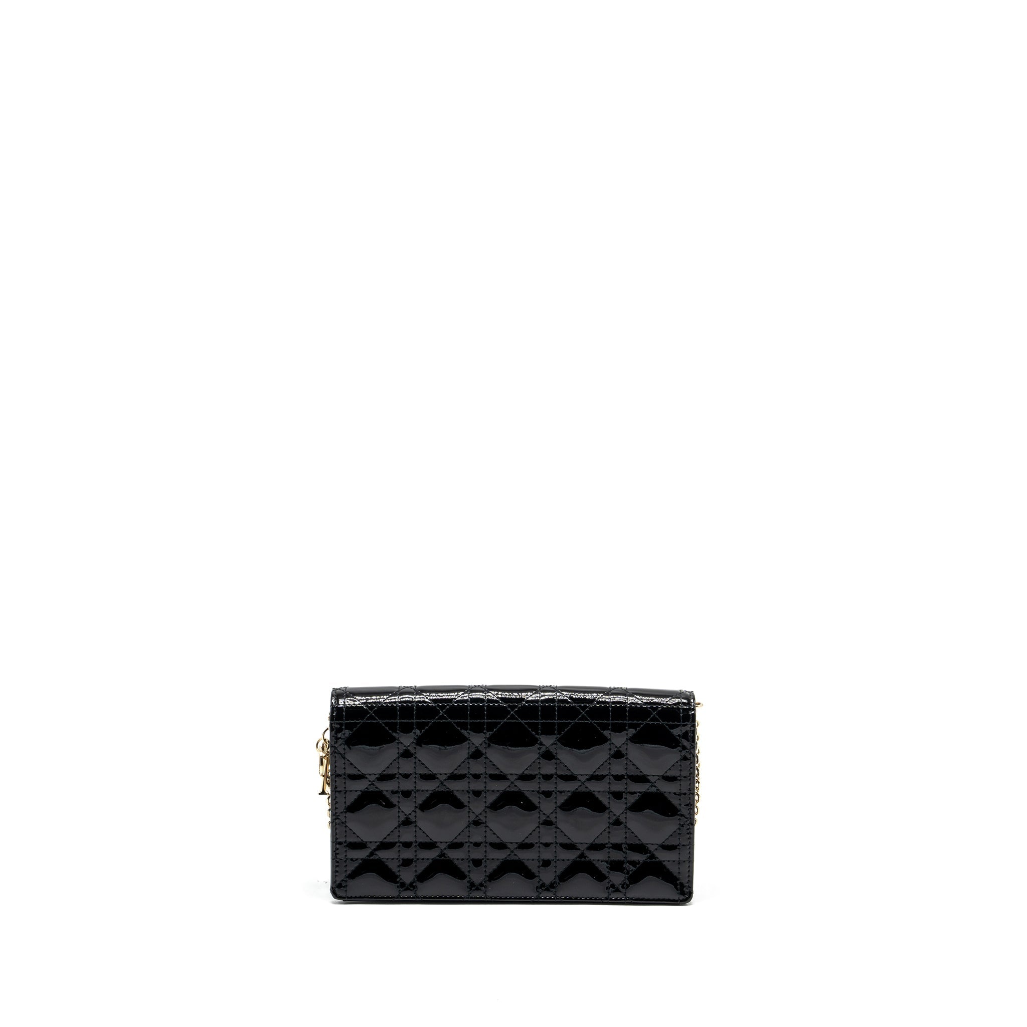 DIOR LADY DIOR POUCH WALLET ON CHAIN PATENT BLACK LGHW
