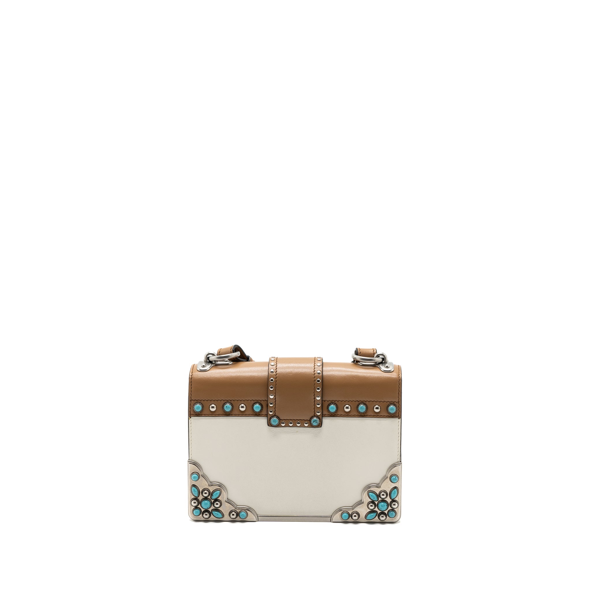 PRADA CAHIER EMBELLISHED TWO-TONE LEATHER SHOULDER BAG WHITE / CARAMEL SHW